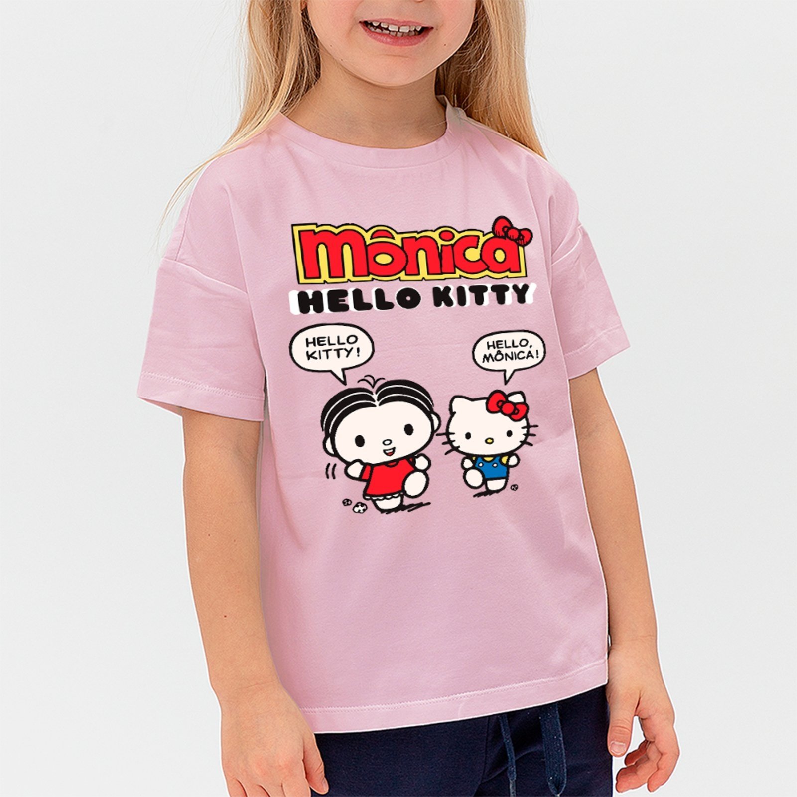 Infantil - Camiseta Monica Hello Kitty Cartoon Fofo Unissex Rosa