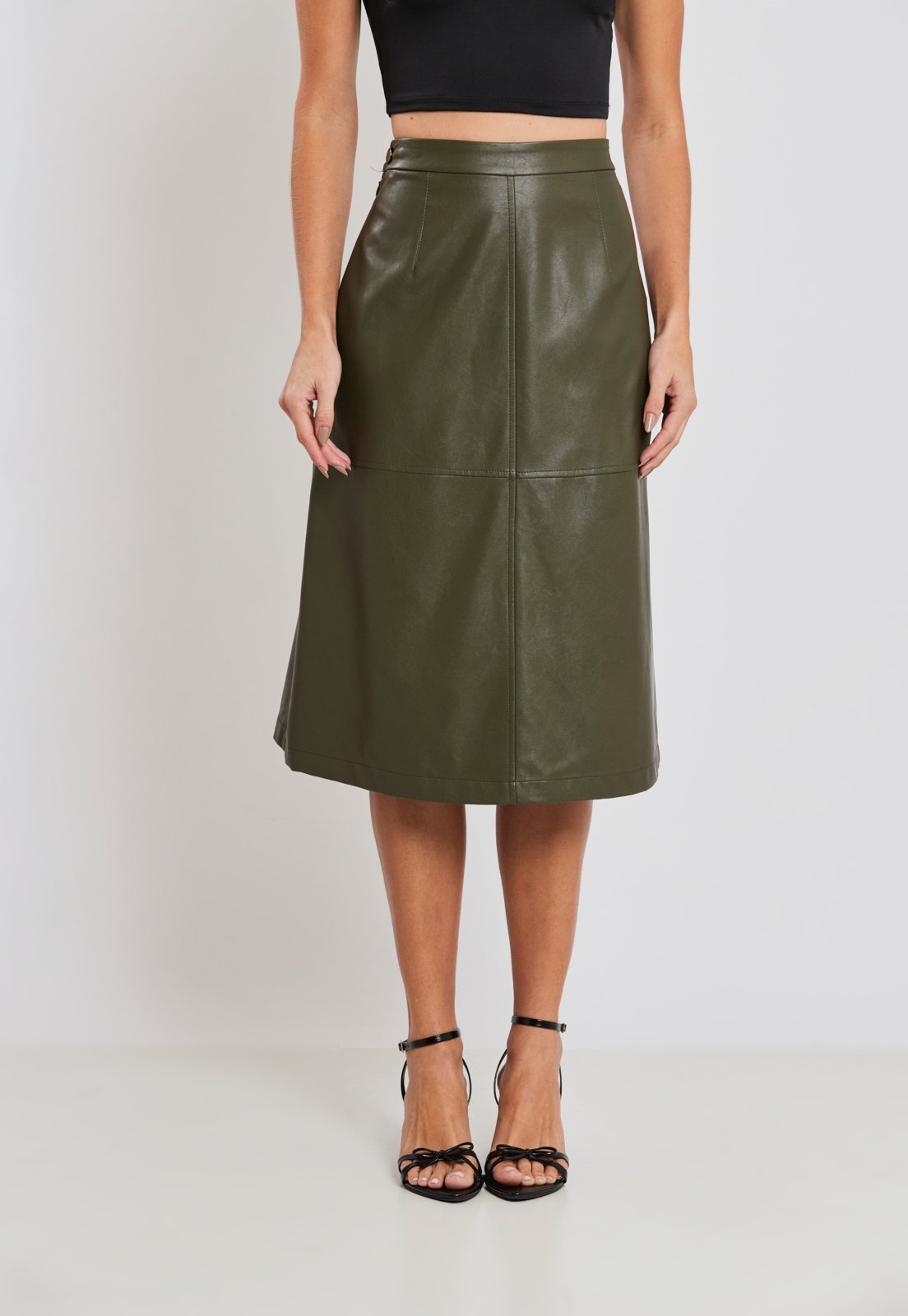 Saia Midi Evasê PU Miss Joy 8001 Feminino Verde Militar