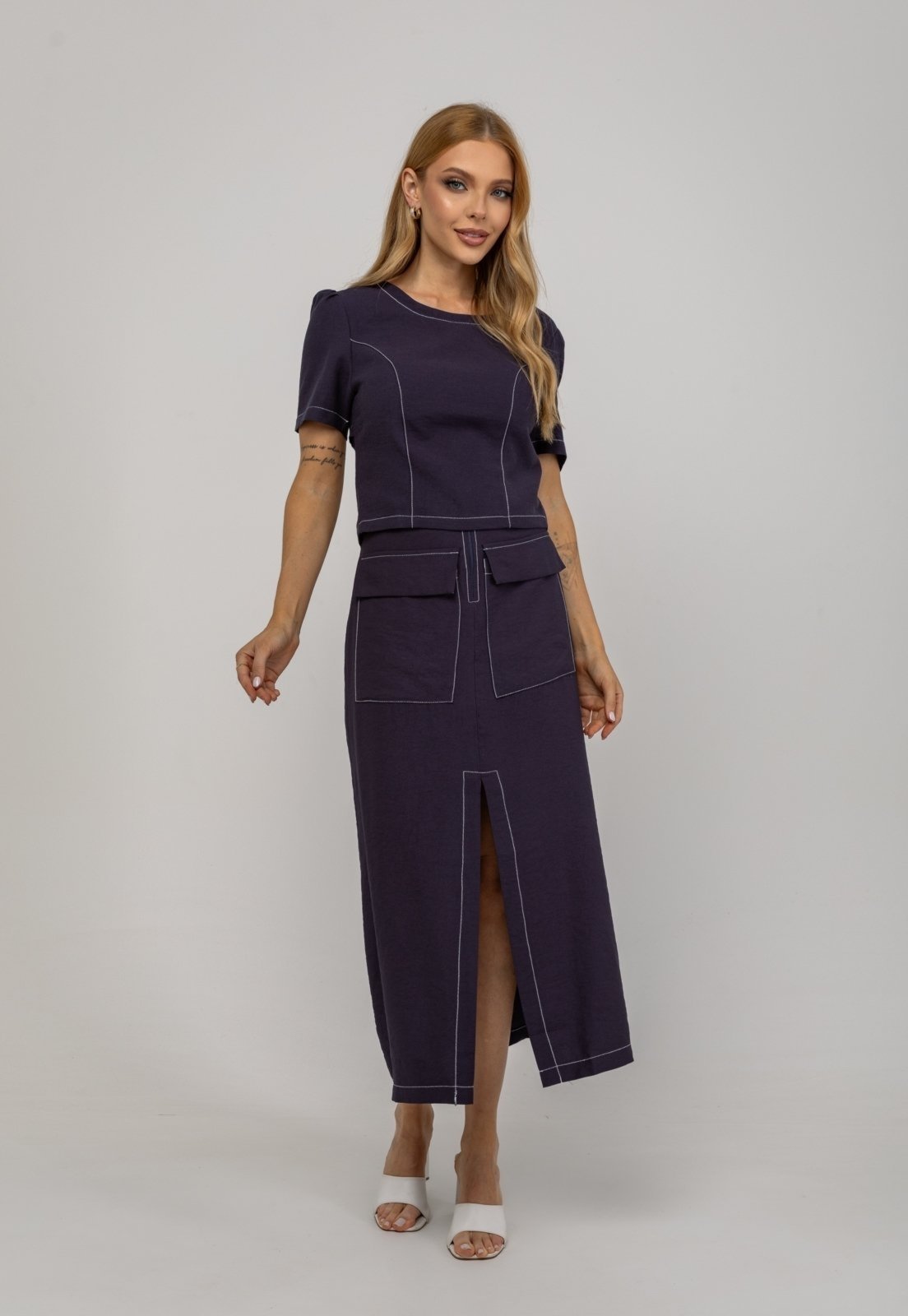 Saia De Alfaiataria Midi Com Bolsos Frontais e Fenda Salvatore Azul