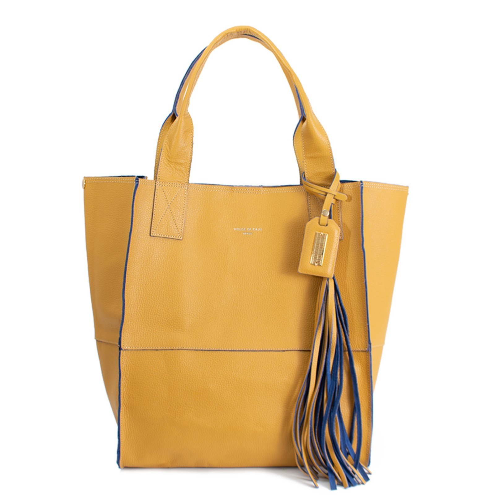 Bolsa Feminina Em Couro Tiracolo Mostarda Com Azul “Emma Oliveira”””