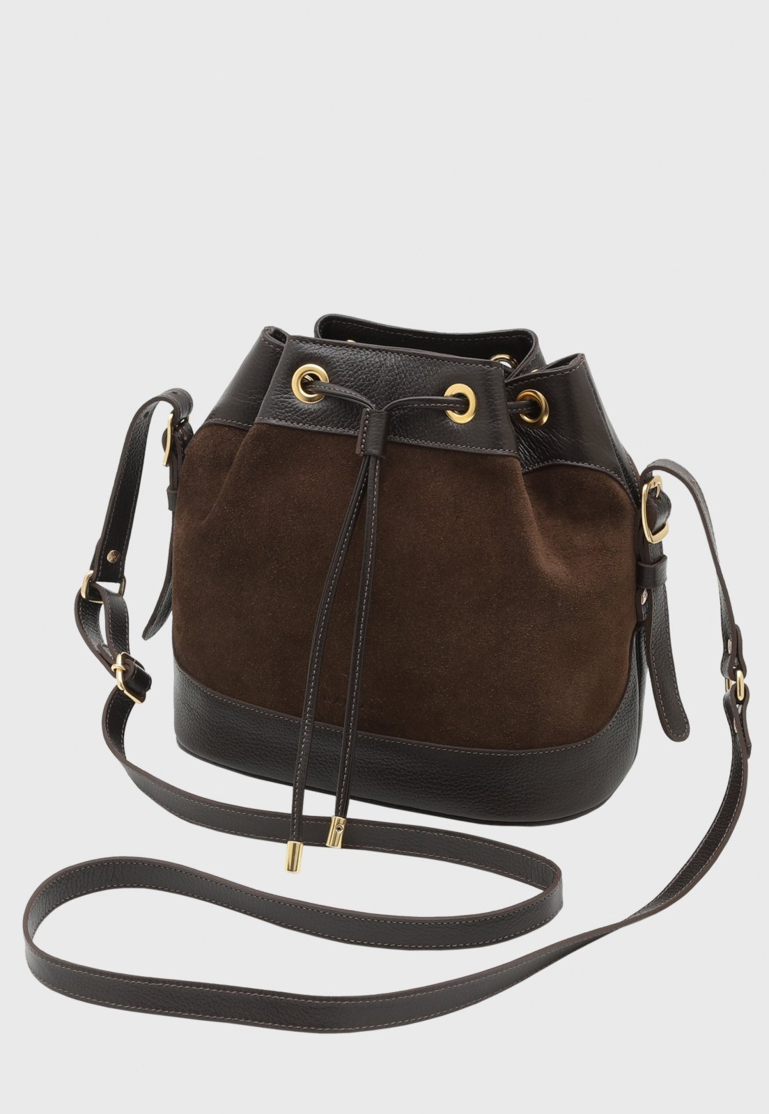 Bolsa Bucket Transversal Couro Mariart Chia Café Suede