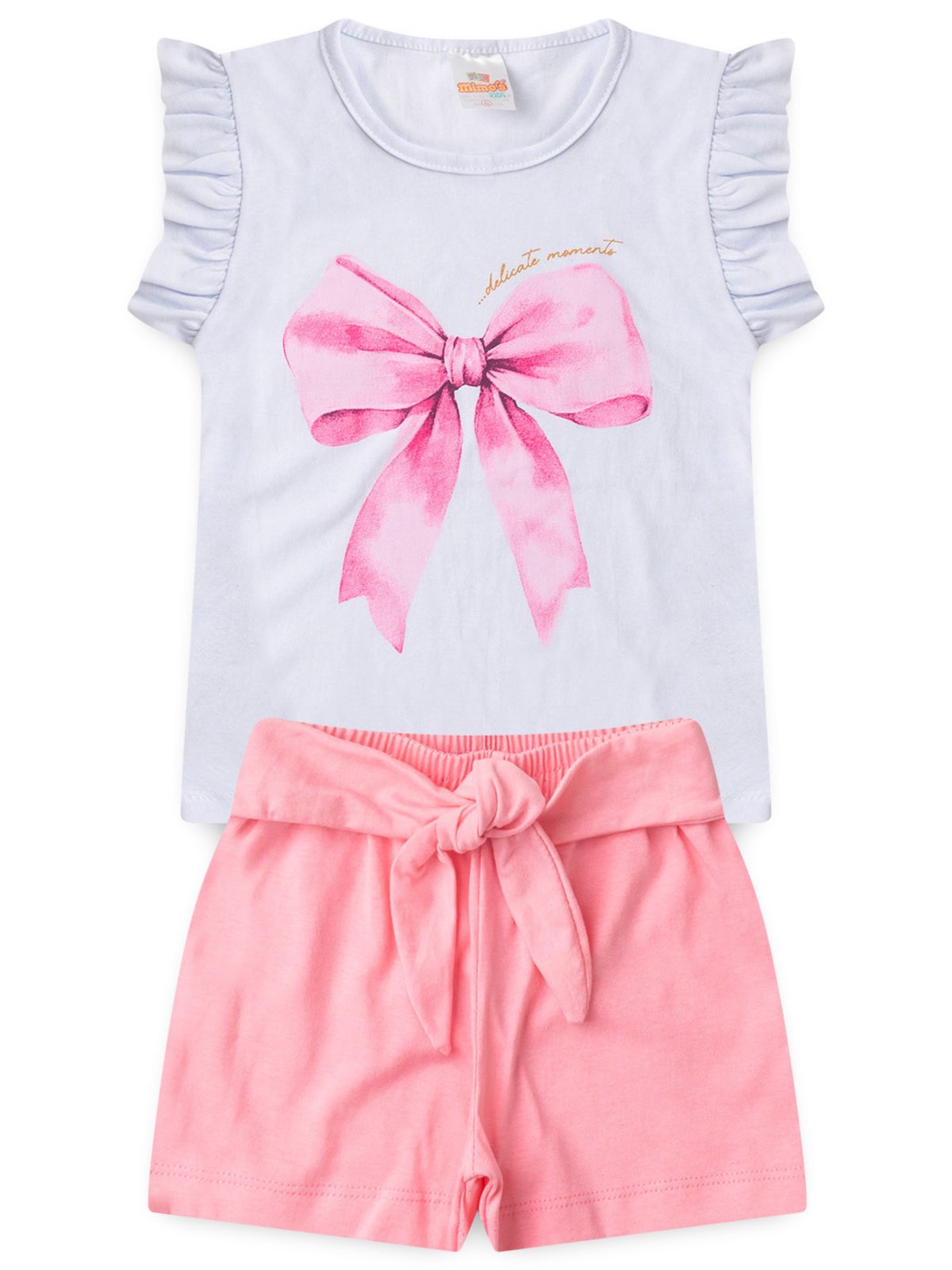 Infantil - Conjunto Feminino Verão Manga Borboleta Estampa Laço Tam 2 ao 14 anos Branco