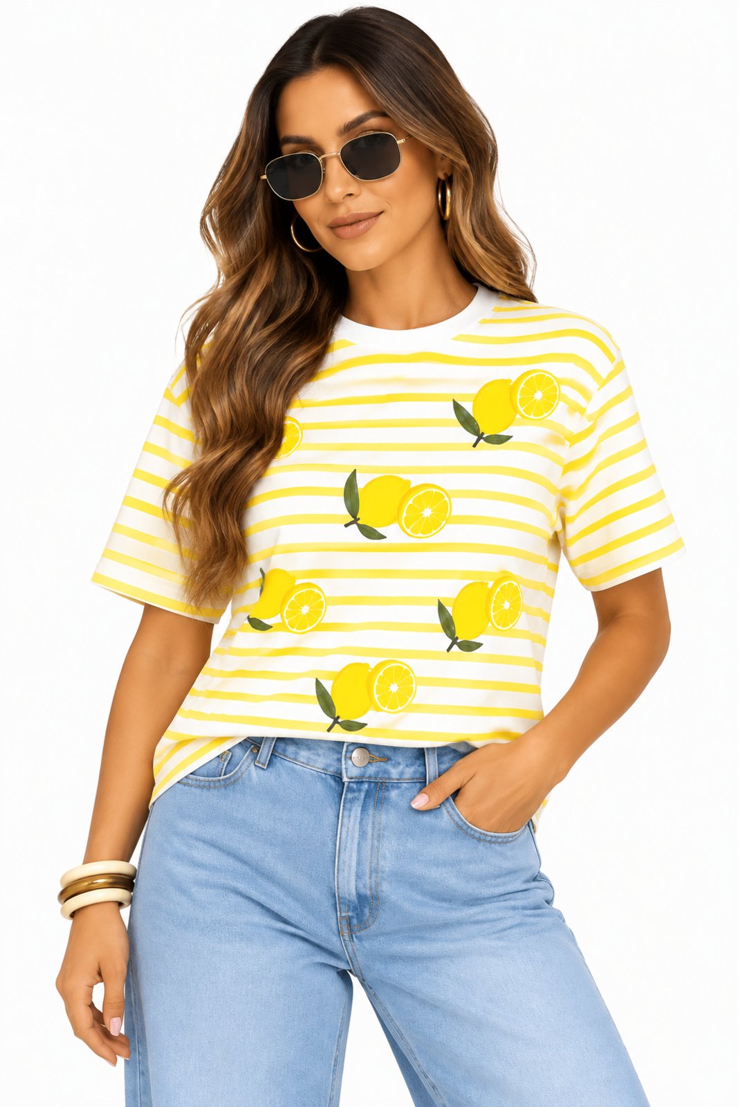 Camiseta Feminina D Bell Outlet Fashion Listrada Algodão Estampada Lemons Amarelo Claro