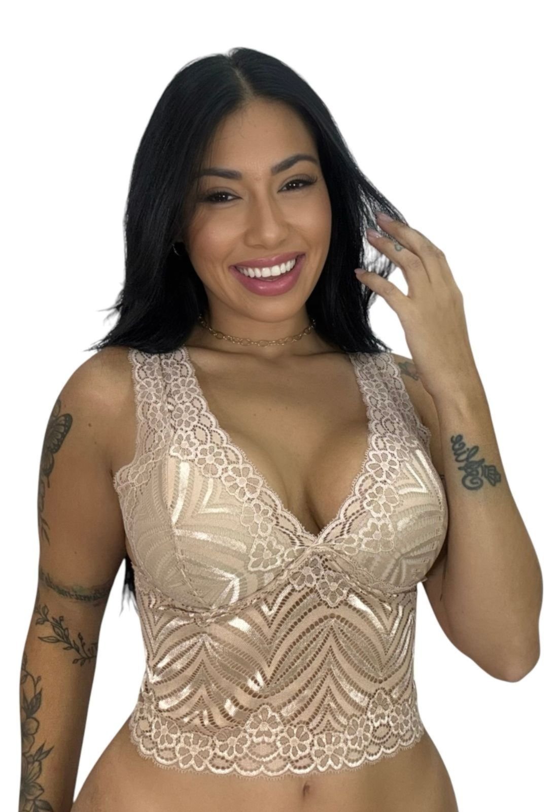 Sutiã com Bojo de Renda Blusa Cropped Alça Larga Terra e Mar Bege