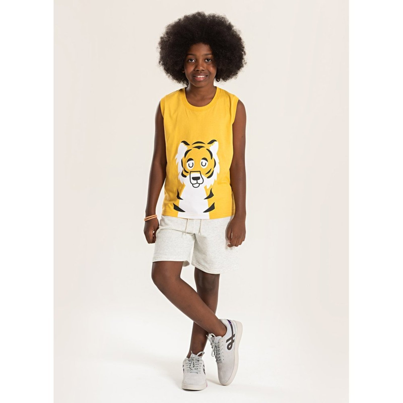 Infantil – Conjunto Molekada Verão Menino Amarelo Regata e Bermuda Tigre