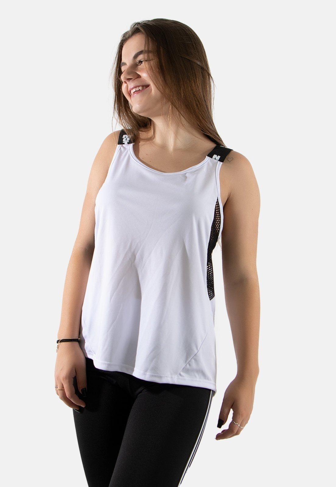 Blusa 4 Estações Regata Tex Feminino Trançada Furadinha Fitness Branco