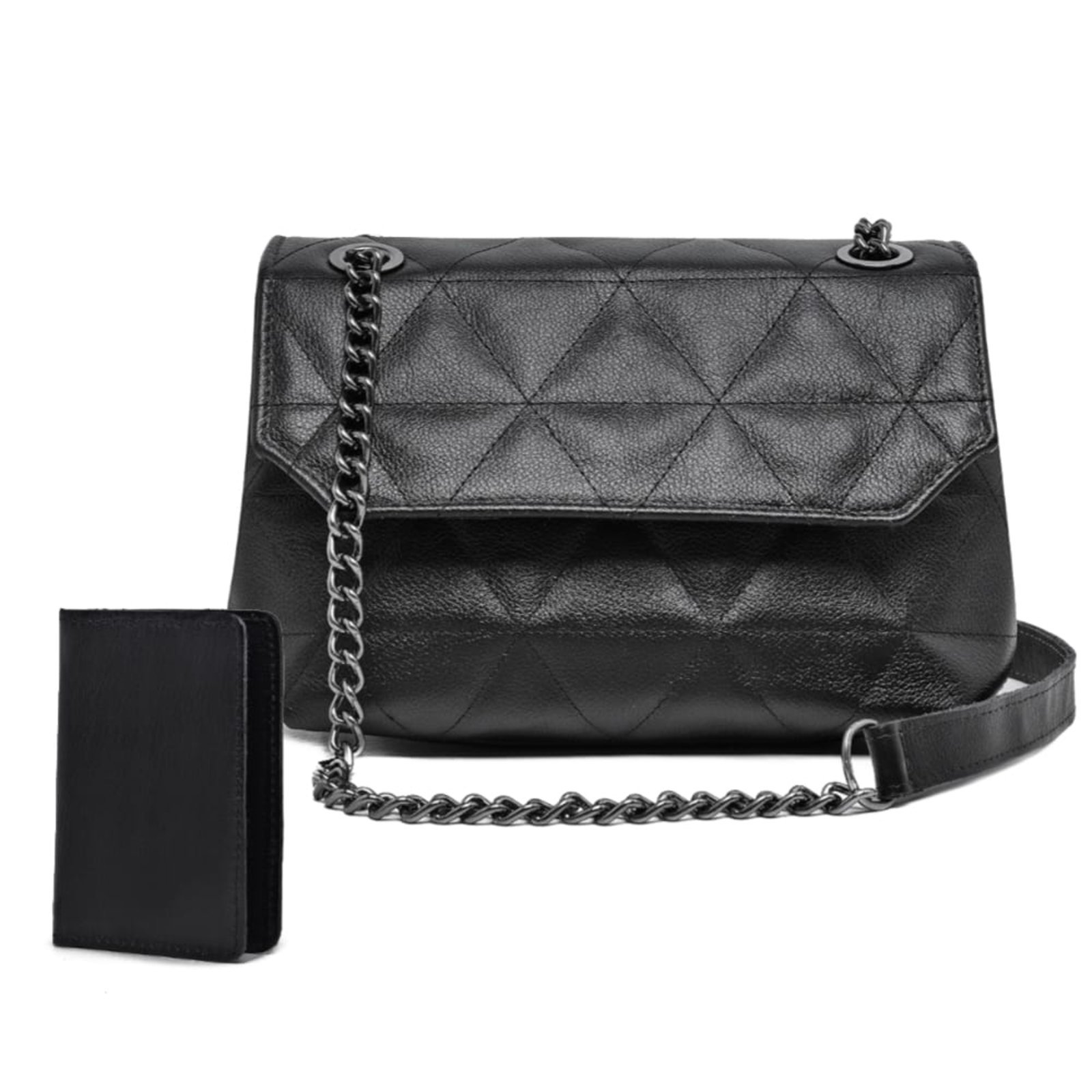 Bolsa De Couro Legitimo Feminina Preta Bordada Triangulo Alça De Ombro 2 Repartições E Carteira Kit
