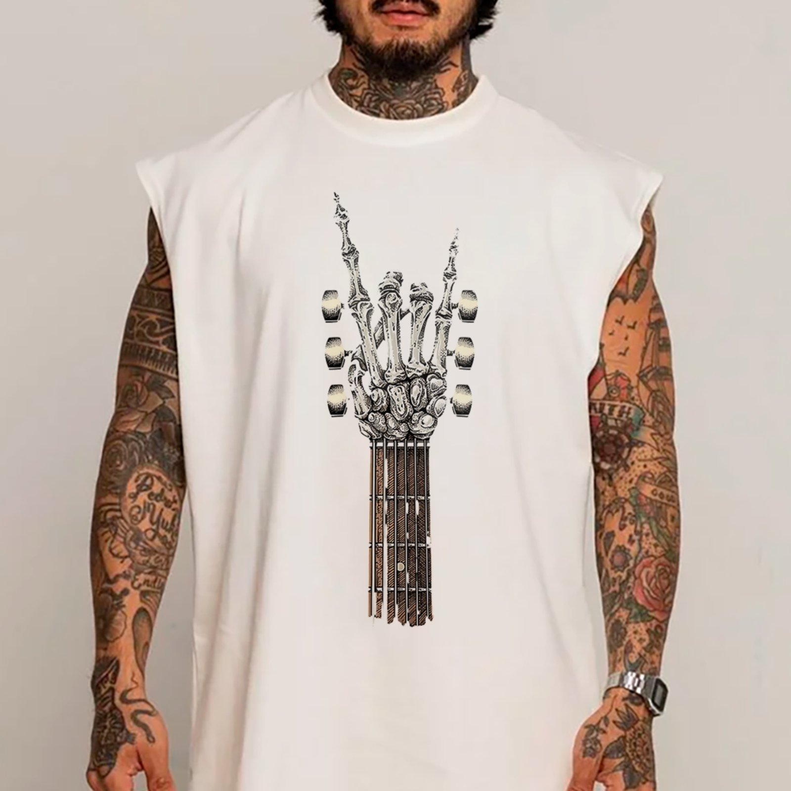 Camiseta Regata Machão Guitarra Caveira Rock Metal Branco