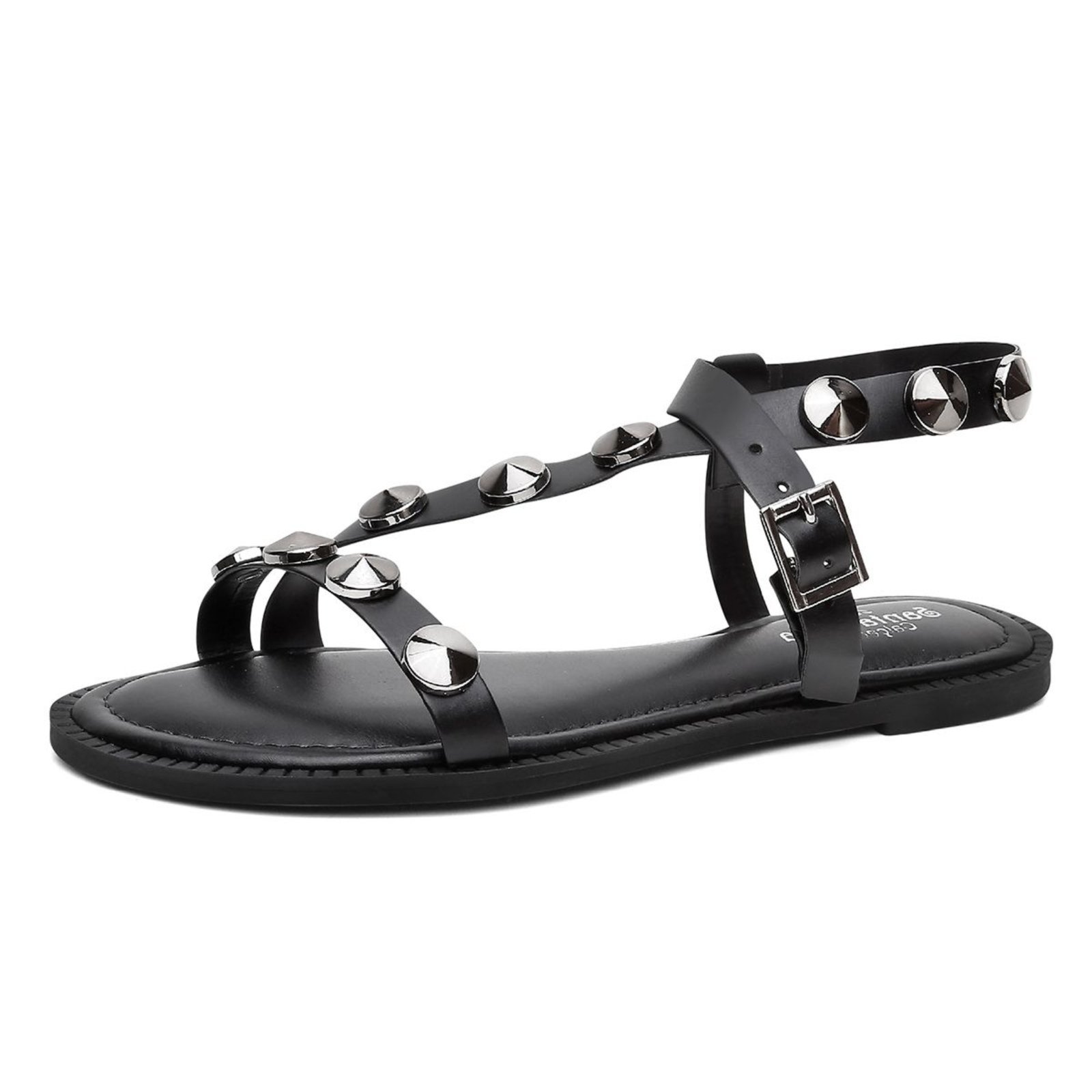 Sandália Feminina Rasteirinha Preta Spikes Tachas Prata Santa Rosa