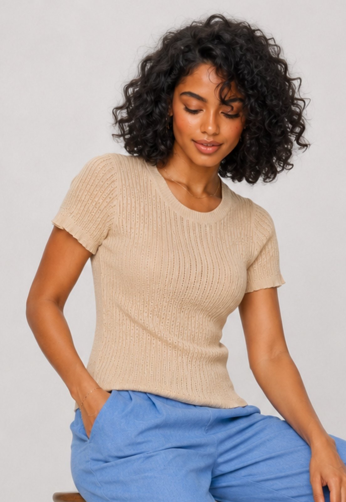 Blusa Tricot Fresh Canelado Manga Curta Salvatore Bege
