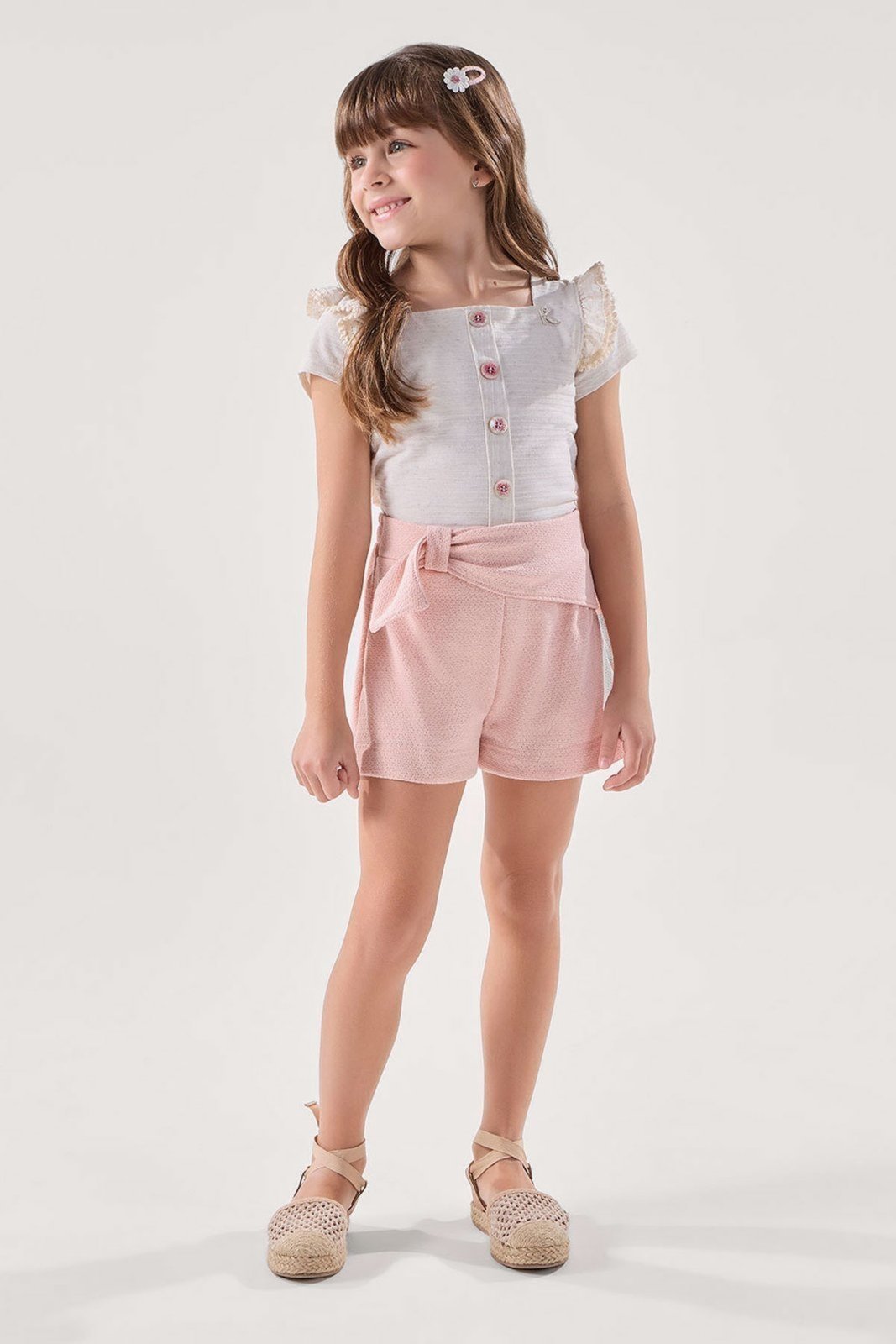 Infantil - Conjunto Blusa Linho com Shorts Rosa