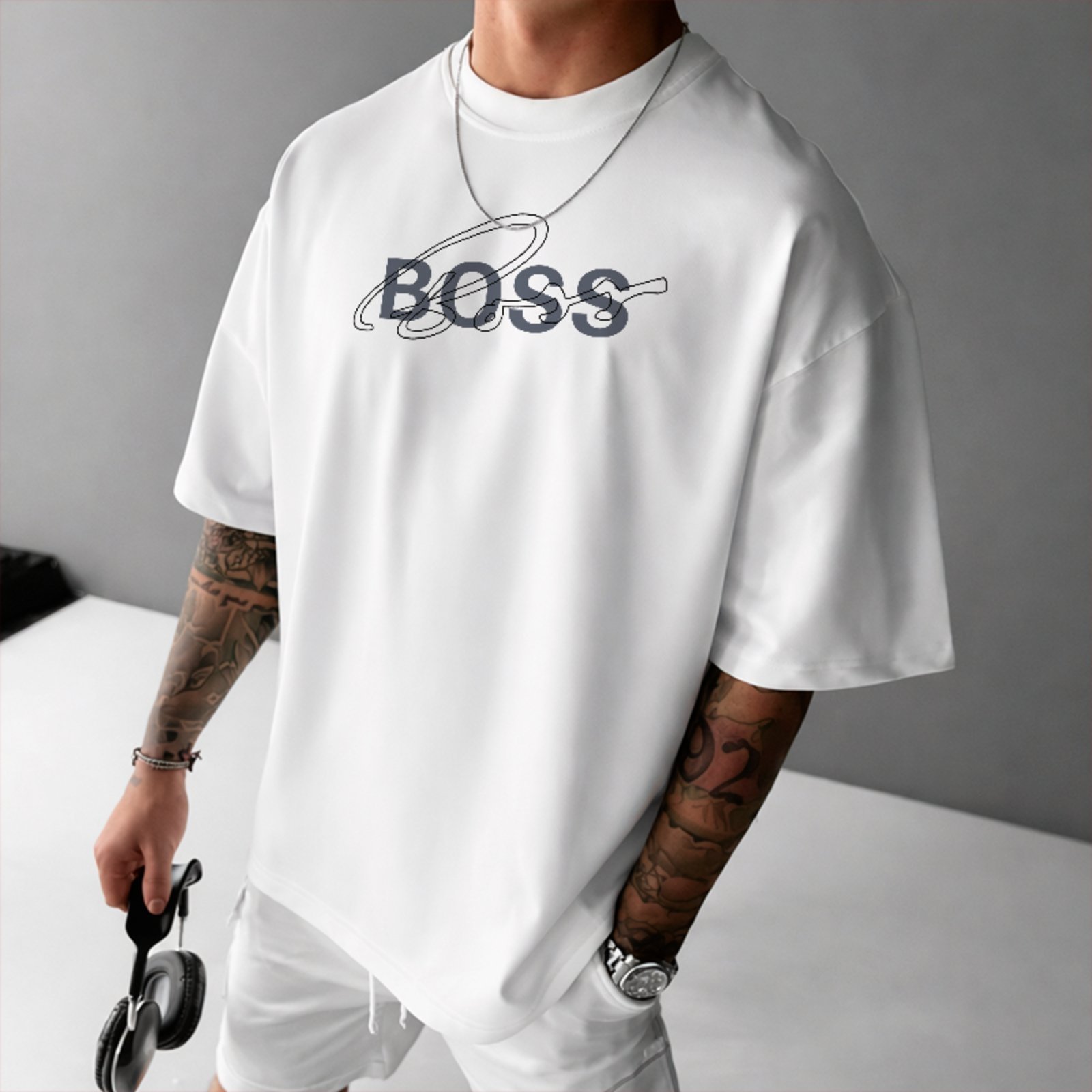 Camiseta Oversized Boss Signature Line Art Fashion Premium Branco