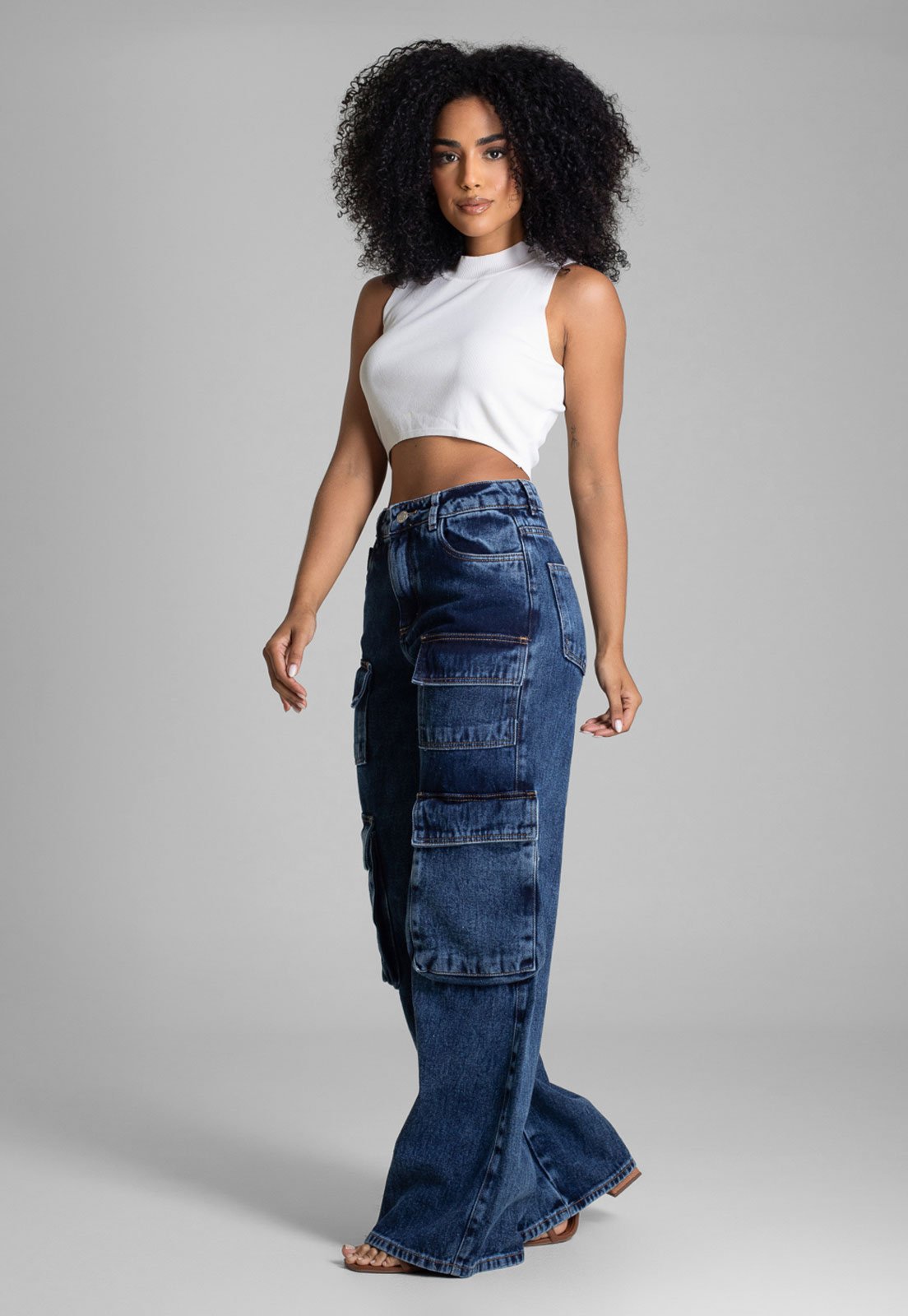 Calça Feminina Sawary Wide Leg Cargo Azul Escuro