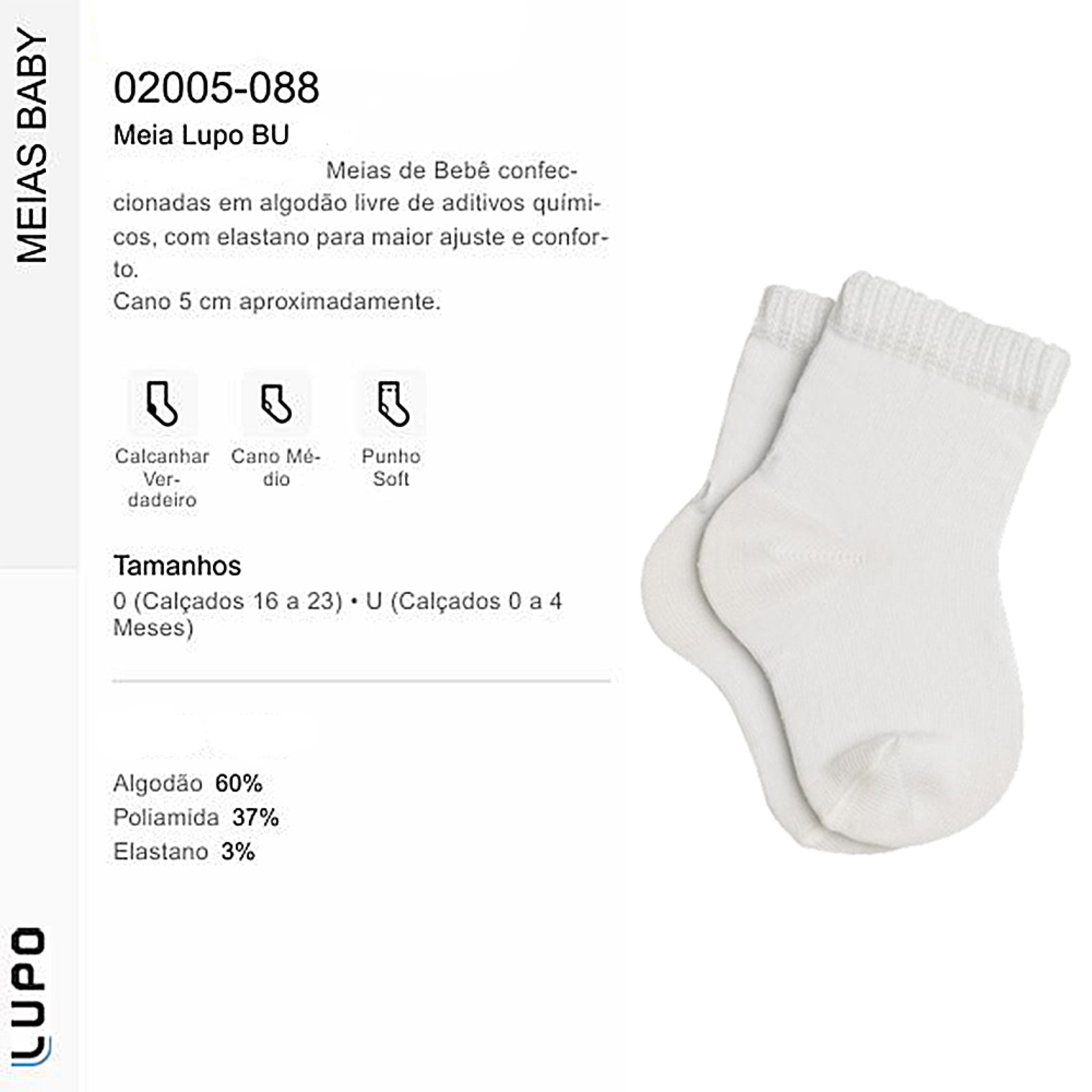 Vista 3 Kit 02 Meia Cano Médio Lupo Punho Soft Baby 0 branco Lupo branco