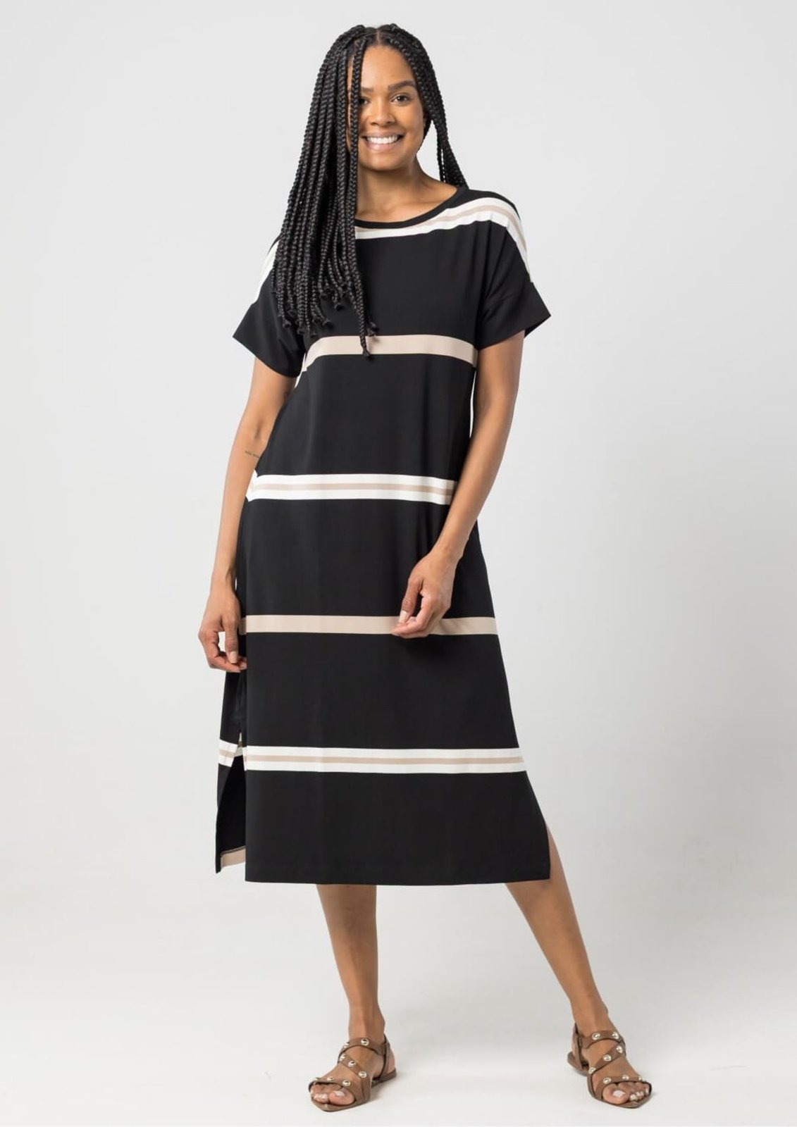 Vestido Midi Listrado Pau a Pique Bege BEGE – M Pau a Pique