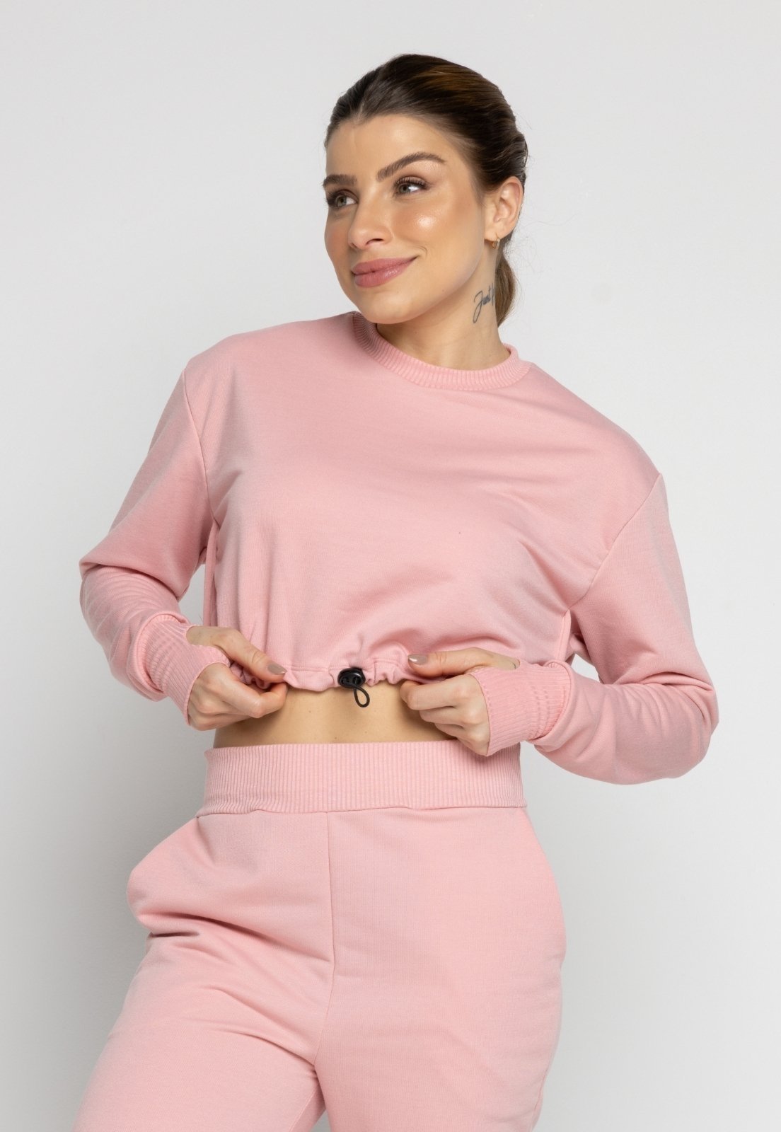 Cropped Feminino Vekyo Manga Longa Gringa Moletinho Com Regulagem Rosa