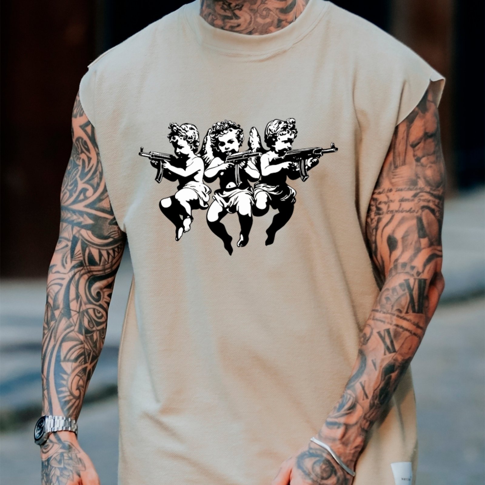 Camiseta Regata Machão Ousy Anjos Rebeldes Oversized Masculina Off White