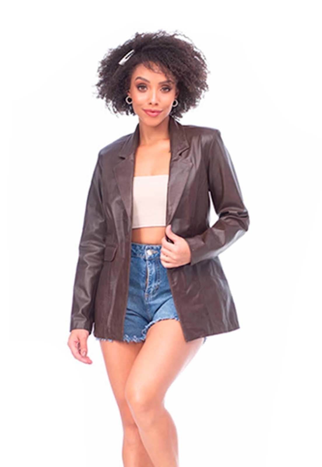 Blazer de Couro Marrom Café