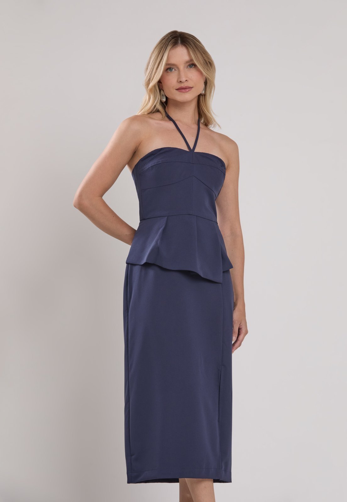 Vestido Midi Peplum Azul Marinho Alfaiataria Miss Joy 8447