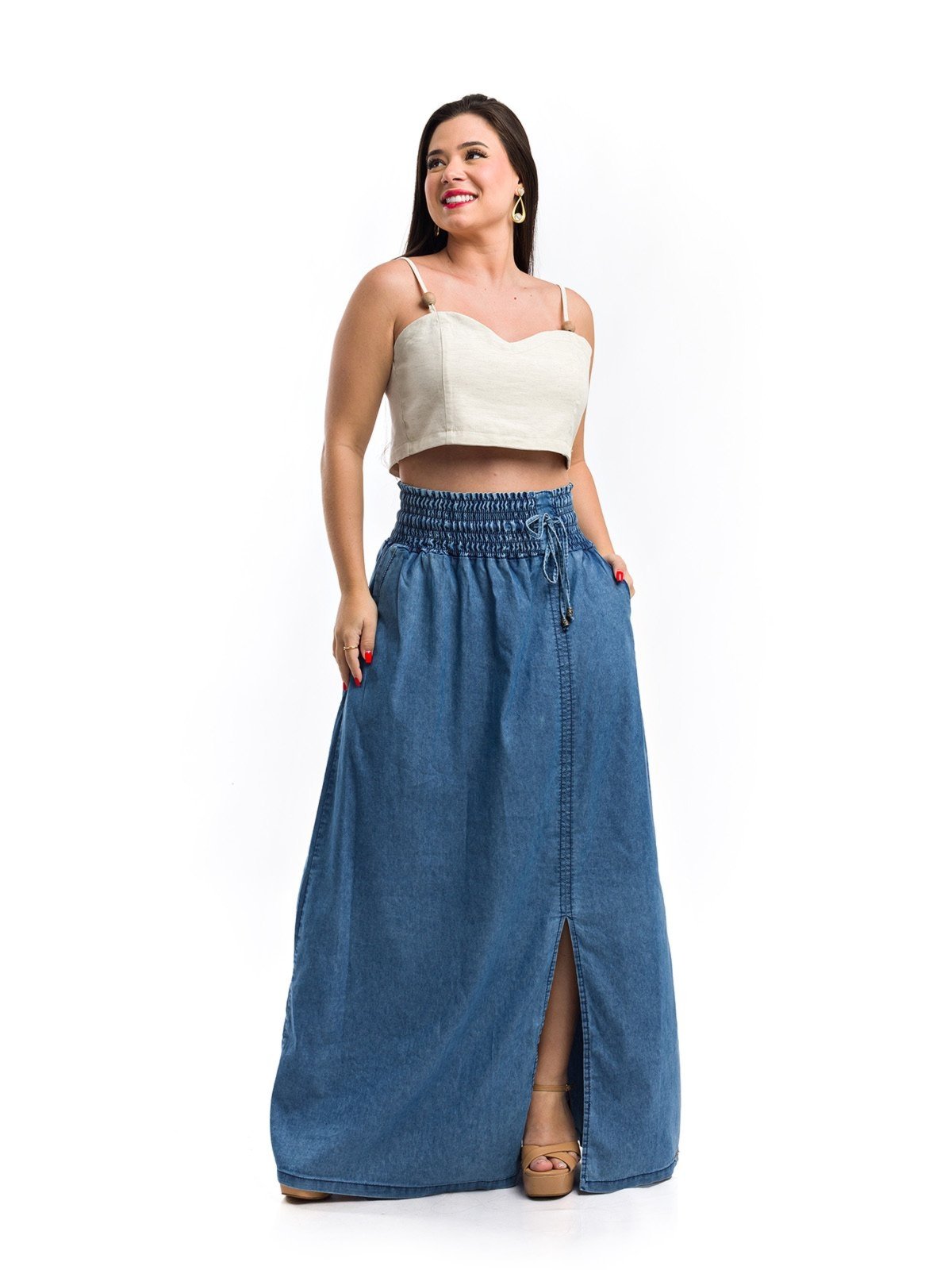 Saia Longa Restrito Jeans Com Lastex – AZUL