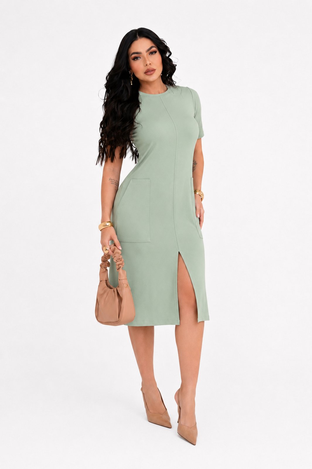 Vestido Midi D Bell Outlet Fashion Moletinho Comfy Verde Menta