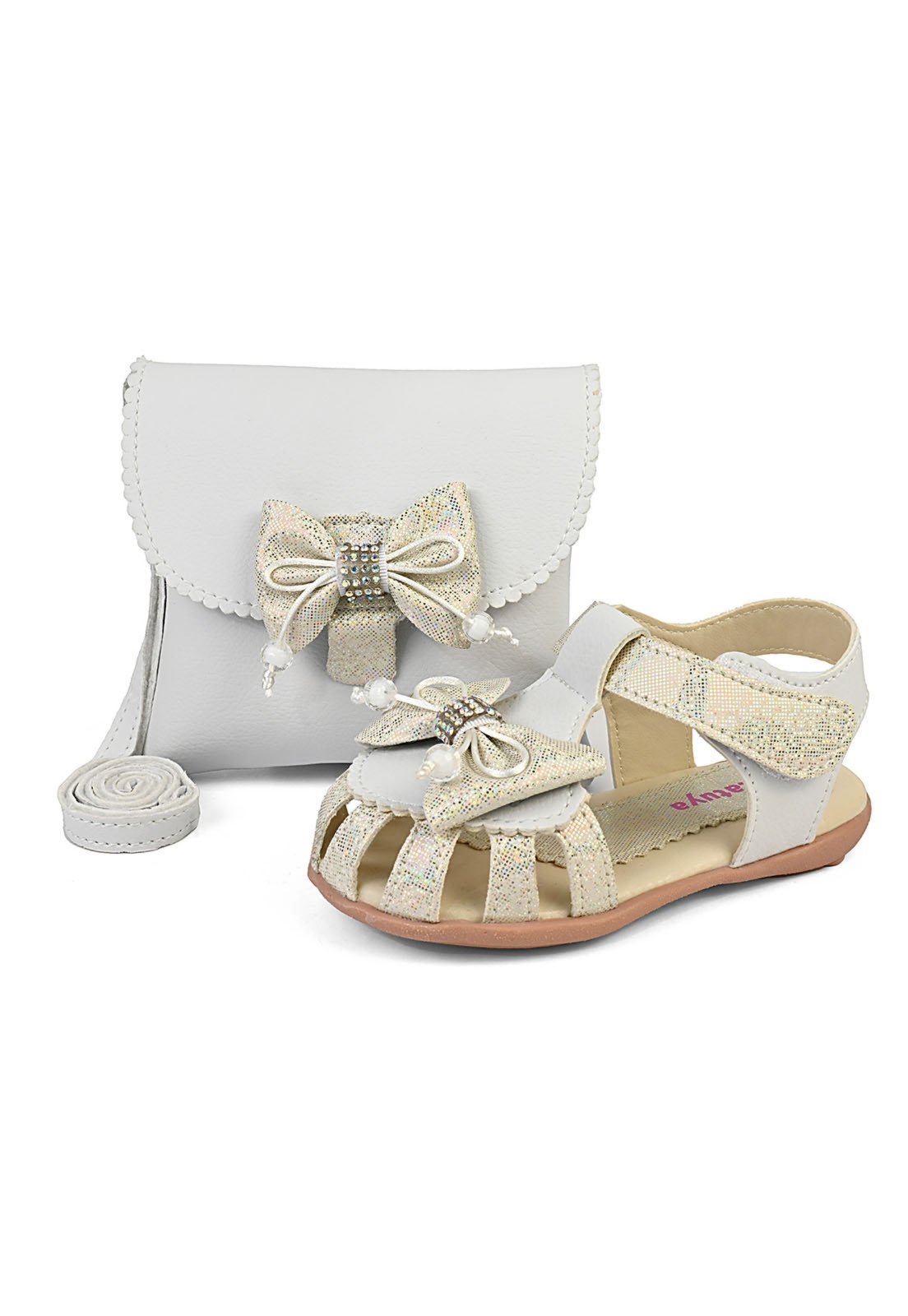 Infantil – Kit Sandália Com Bolsa Menina Laço Branco Brilho Estiloso Confortável Mzkid