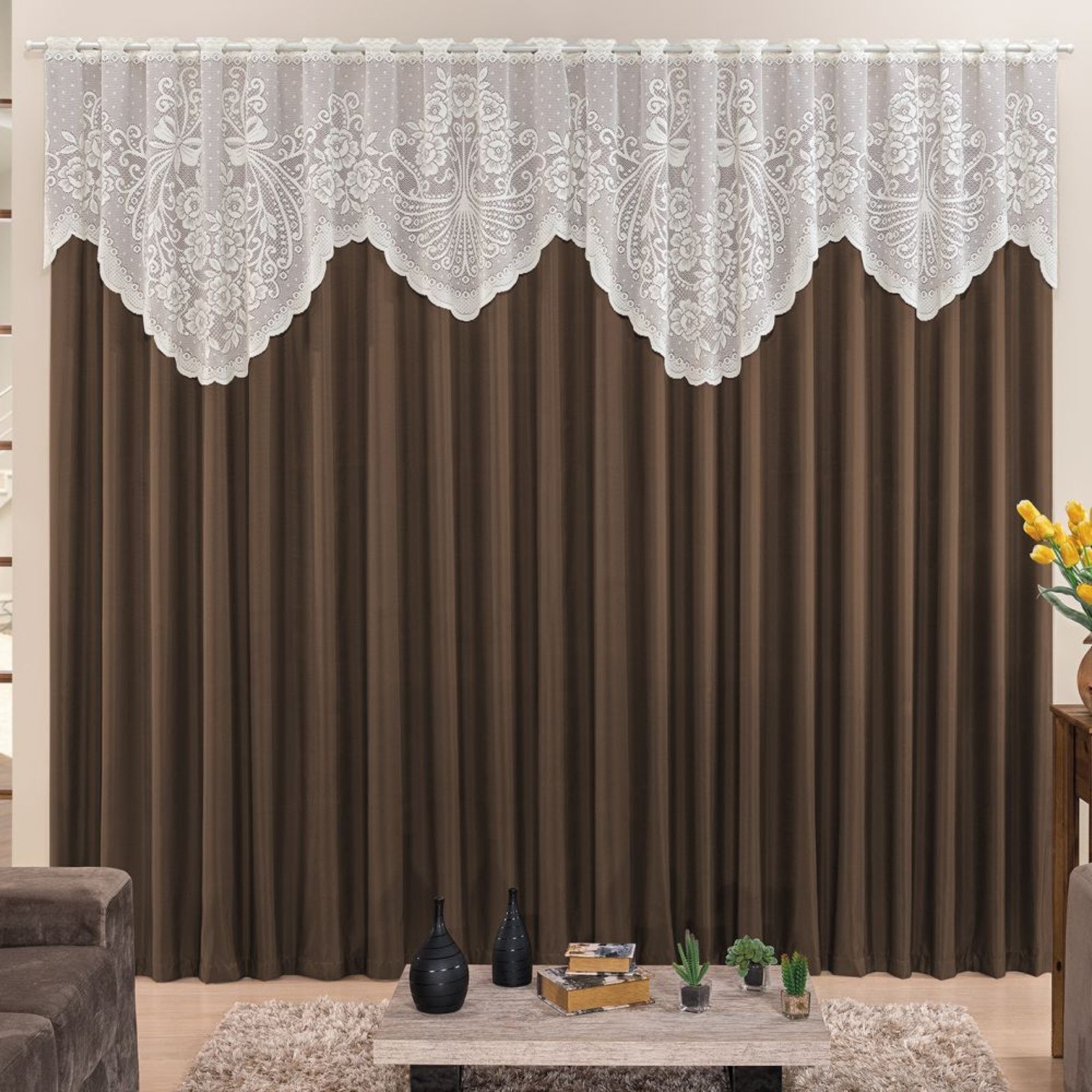 Cortina 3,00m X 2,50m Momento Sala Quarto Renda com Microfibra p Varão Tabaco - 100% Poliéster
