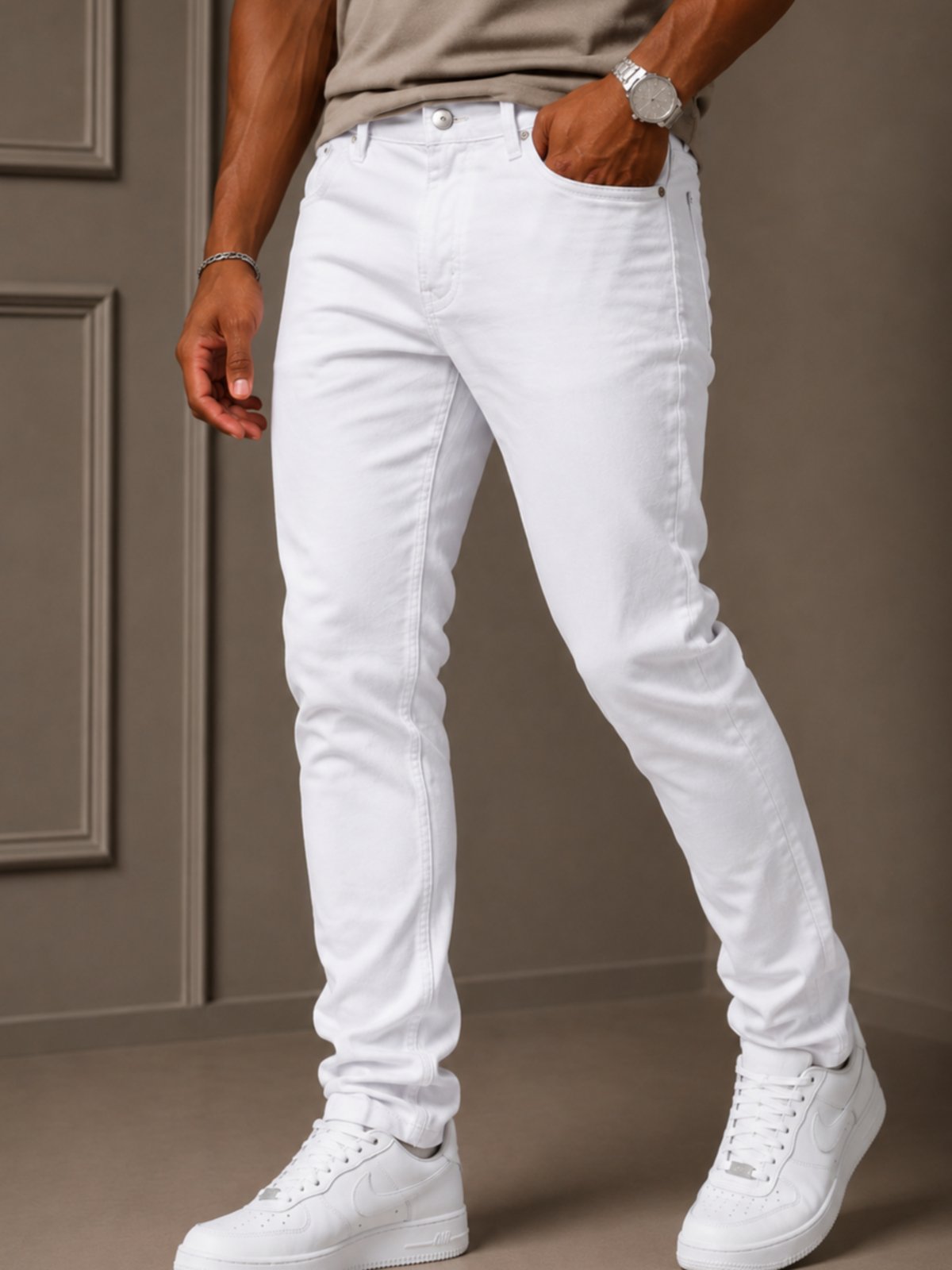 Calça Sarja Masculina Branca Skinny Yellow Jeans Premium com Elastano Confortável Casual Elegante
