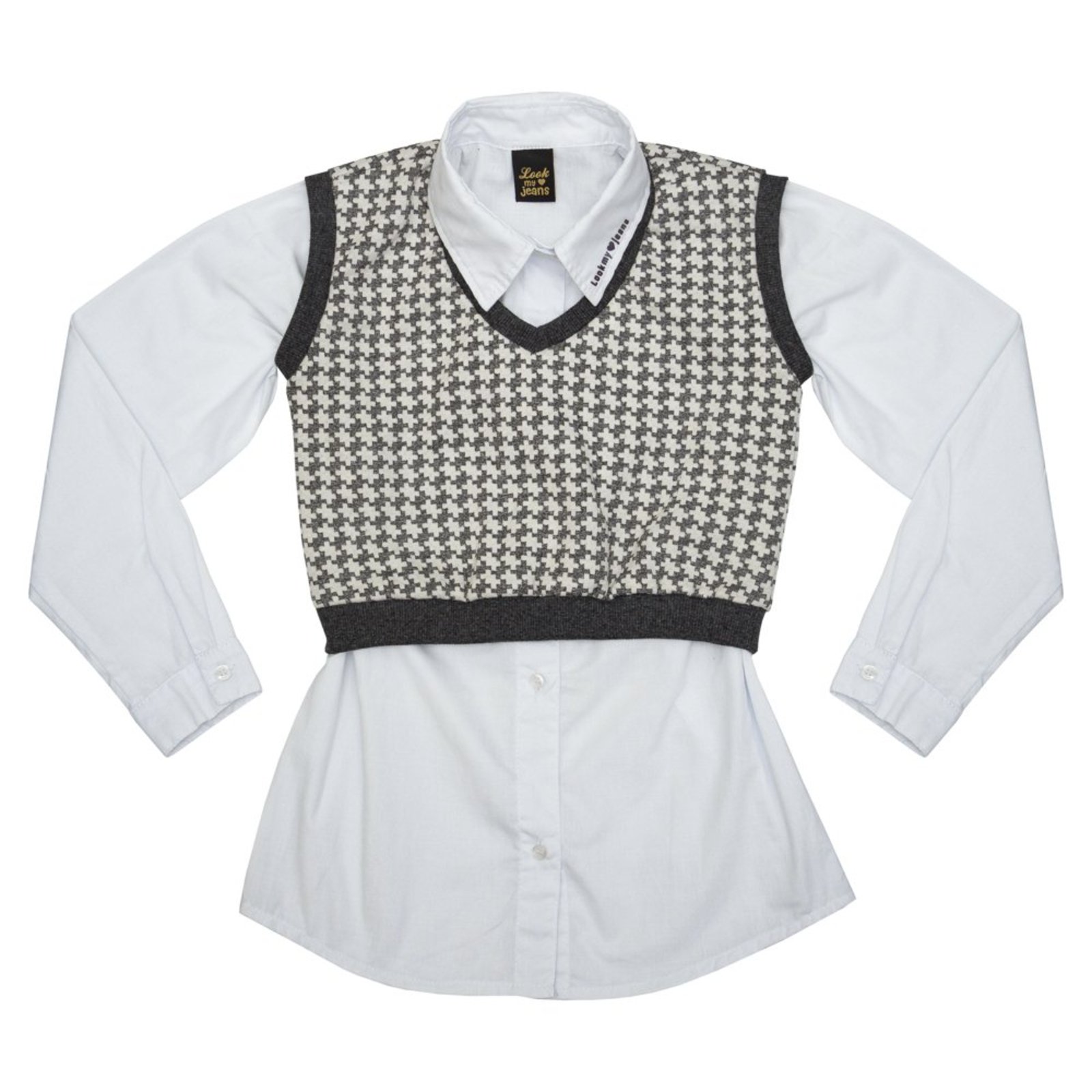 Infantil - Camisa Juvenil Look Jeans Branca c/ Colete Tweed