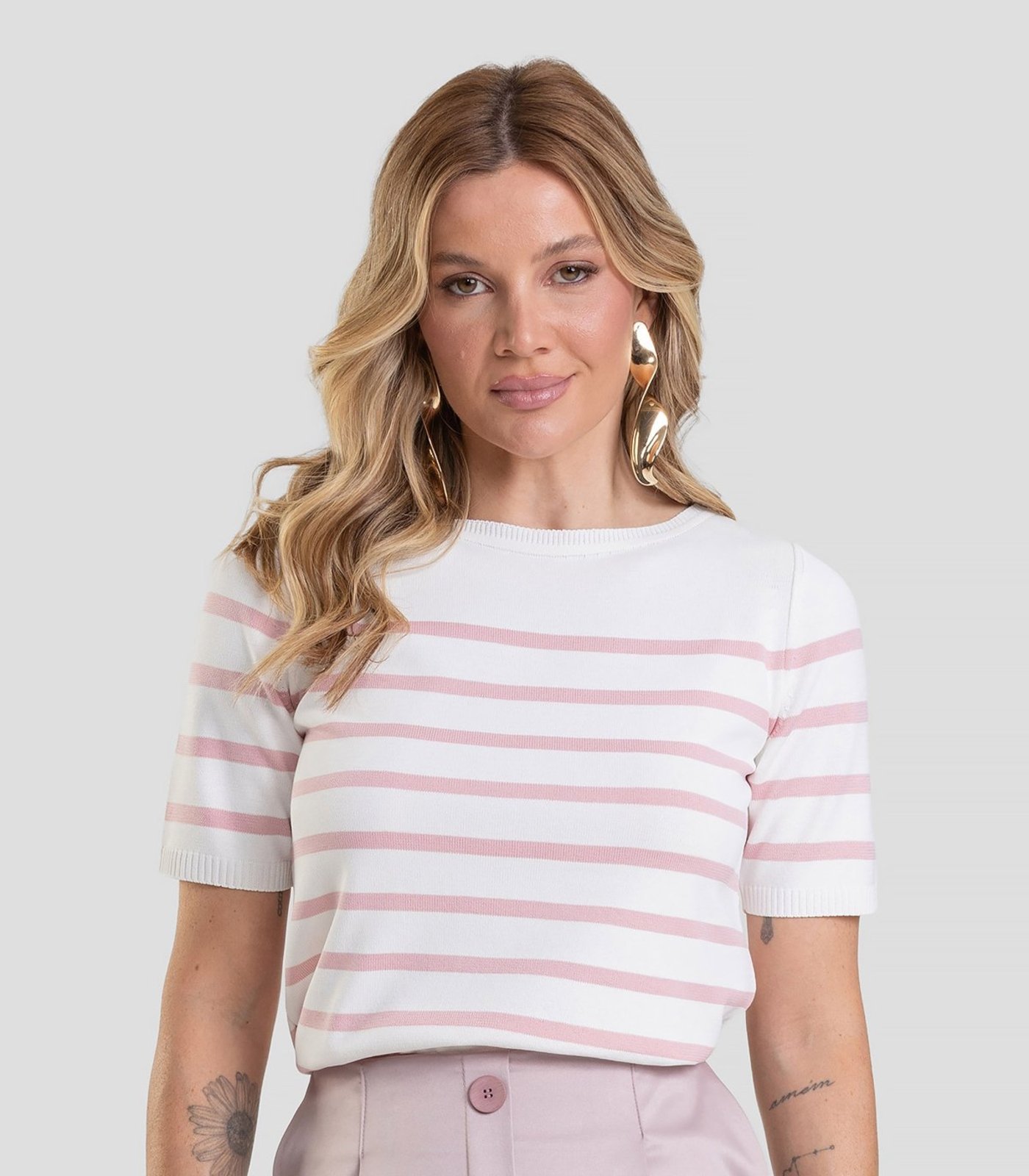 Blusa Feminina Em Tricot Listrado Dianna Rosa