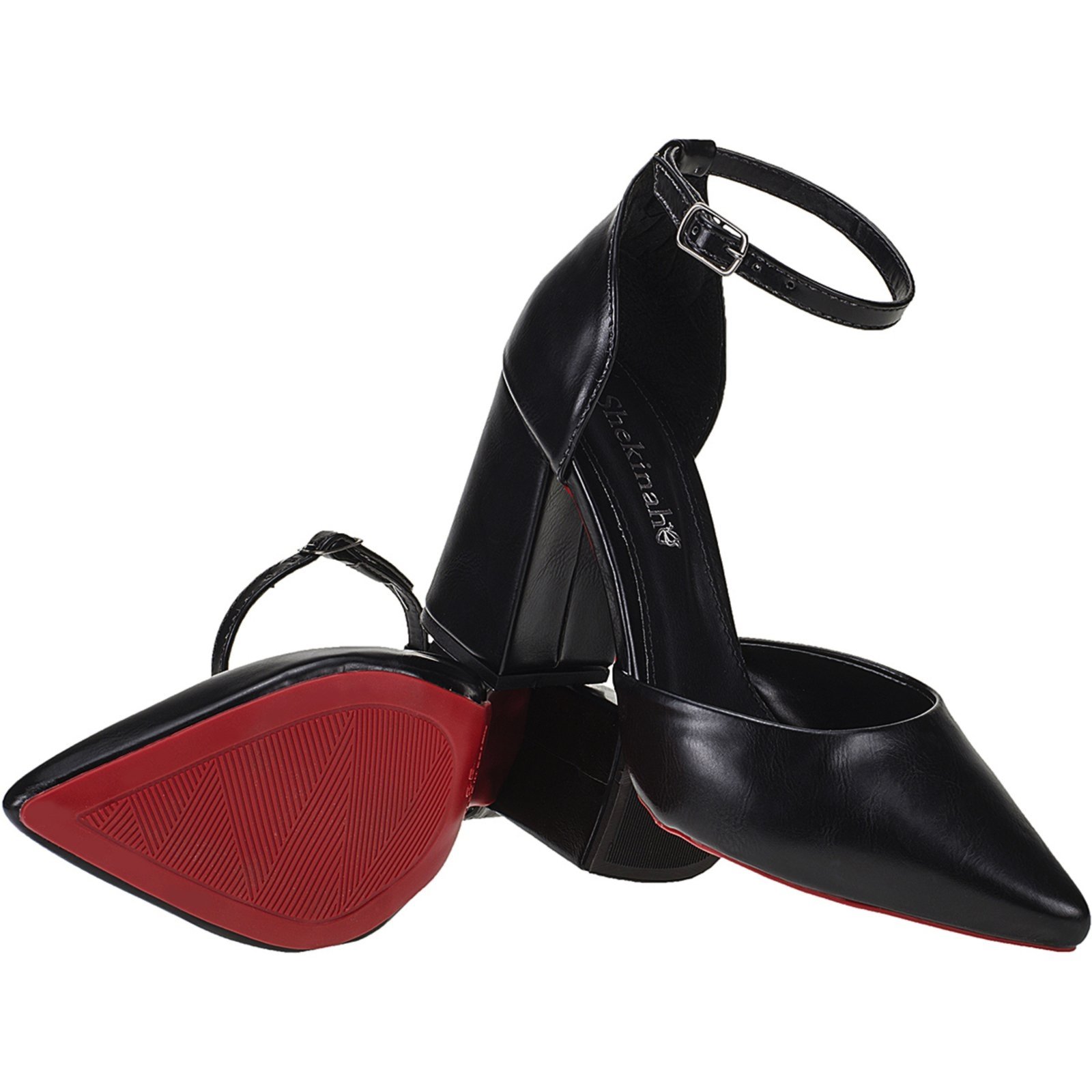 Sapato Feminino Scarpin Bico Fino Salto Bloco Saia e Blusa Salomé Shekinah Social Luxo Sola Vermelha Preto