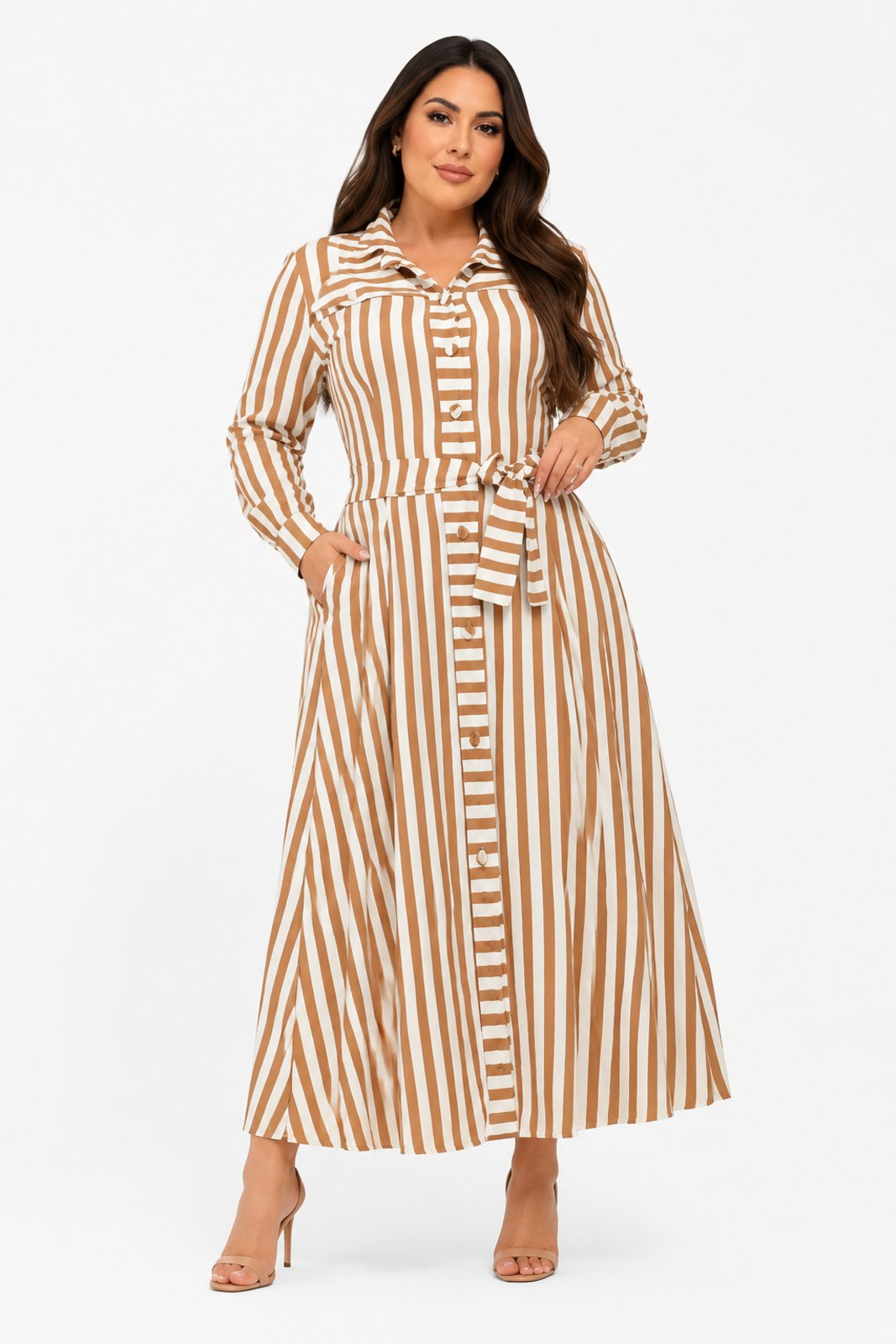 Vestido Midi D Bell Outlet Fashion Chemise Listrado em Linho Bege