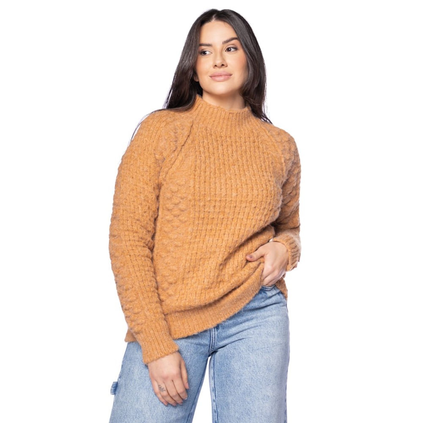 Blusa Feminina Biamar Ponto Trabalhado Raglan Caramelo