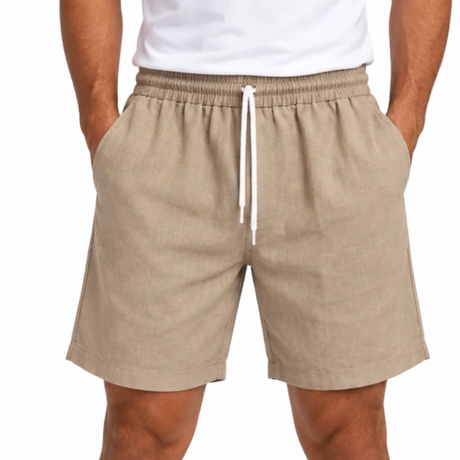 Bermuda Masculina FMF Linho Casual com Cordão e Bolsos Bege