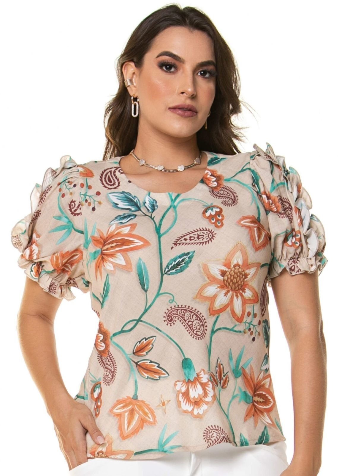 BLUSA ESTAMPADA COM MANGA FRANZIDA Fundo Bege