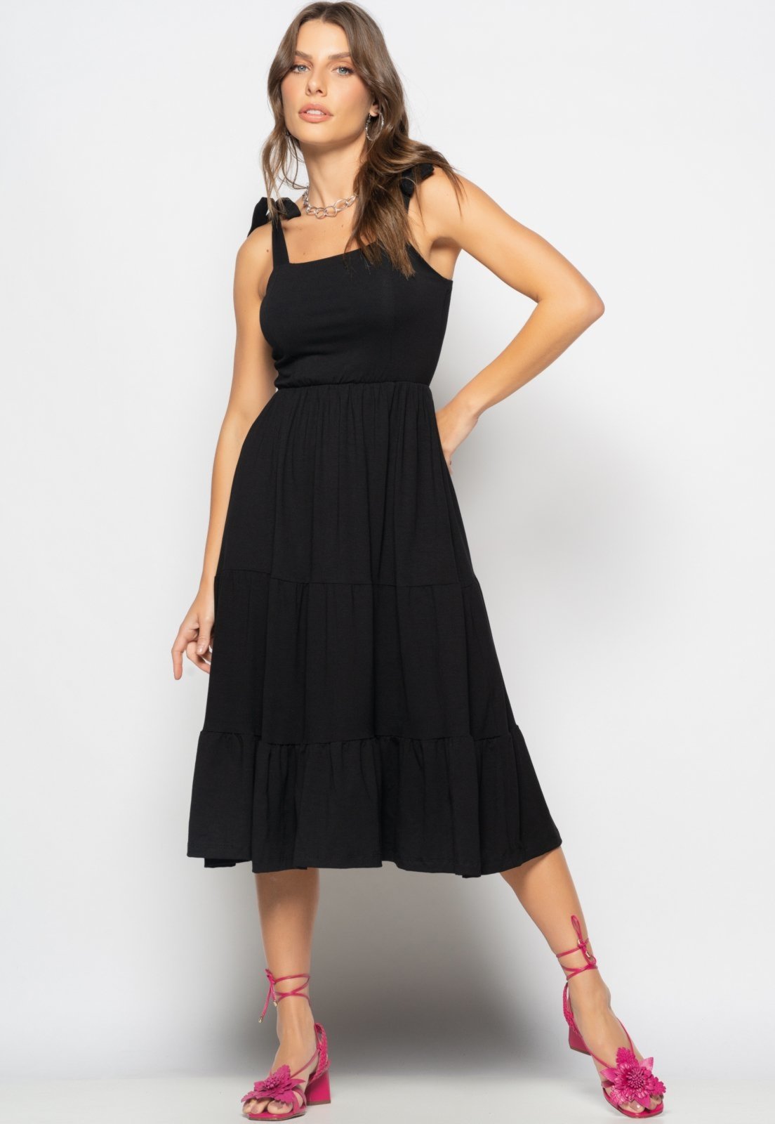 Vestido Midi Babado Com Alça Amarração Malha Salvatore Preto
