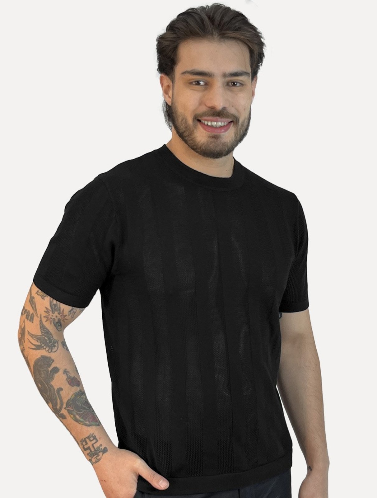Camiseta Dixen Masculina Tricot Vertical Manga Curta Gola Careca Preto