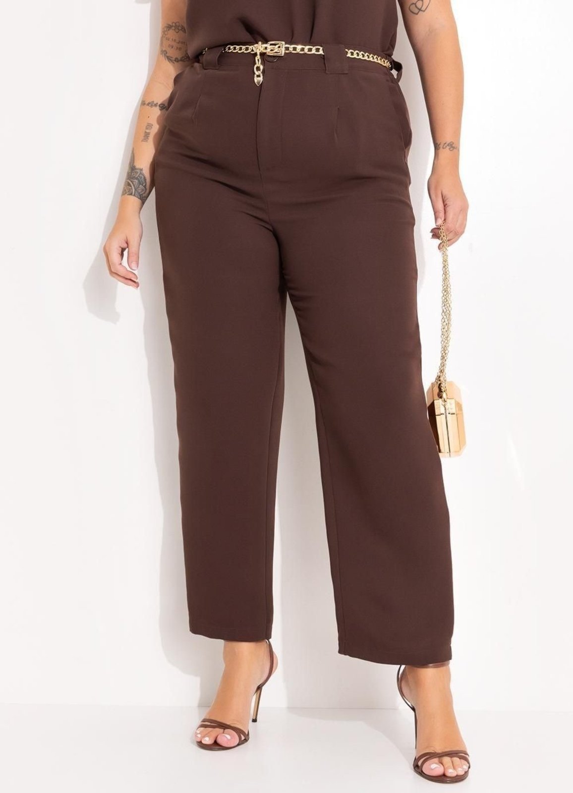 Calça Em Crepe Plano Marrom Marguerite
