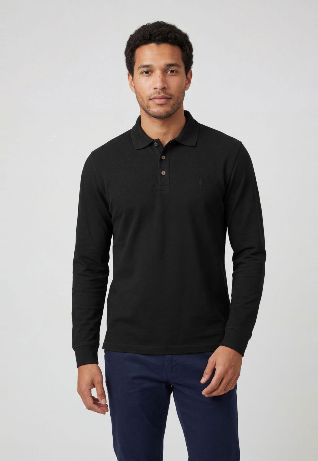 Camisa Polo Masculina Aleatory Manga Longa Preta