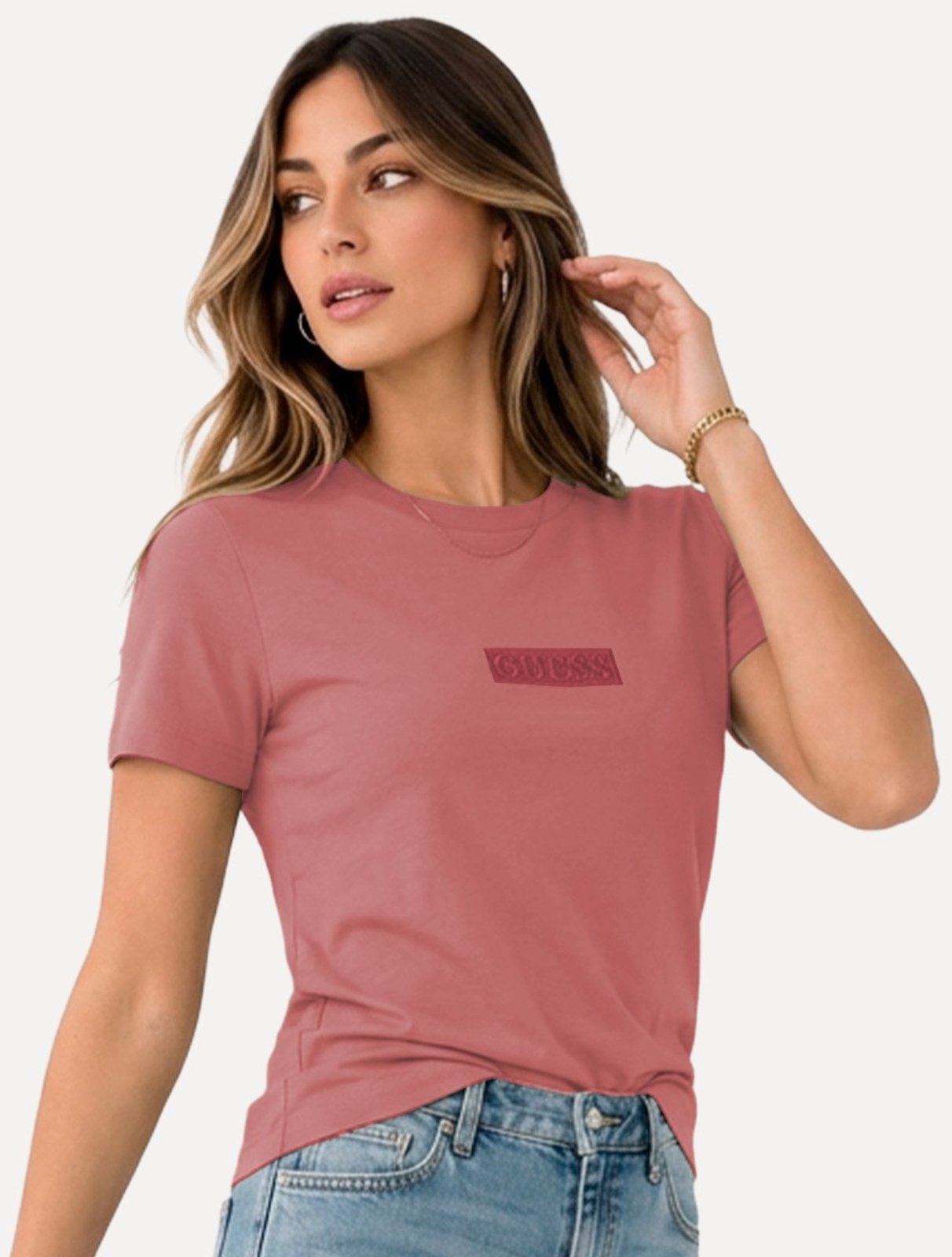 Camiseta Guess Feminina Patch Small Logo Rosa