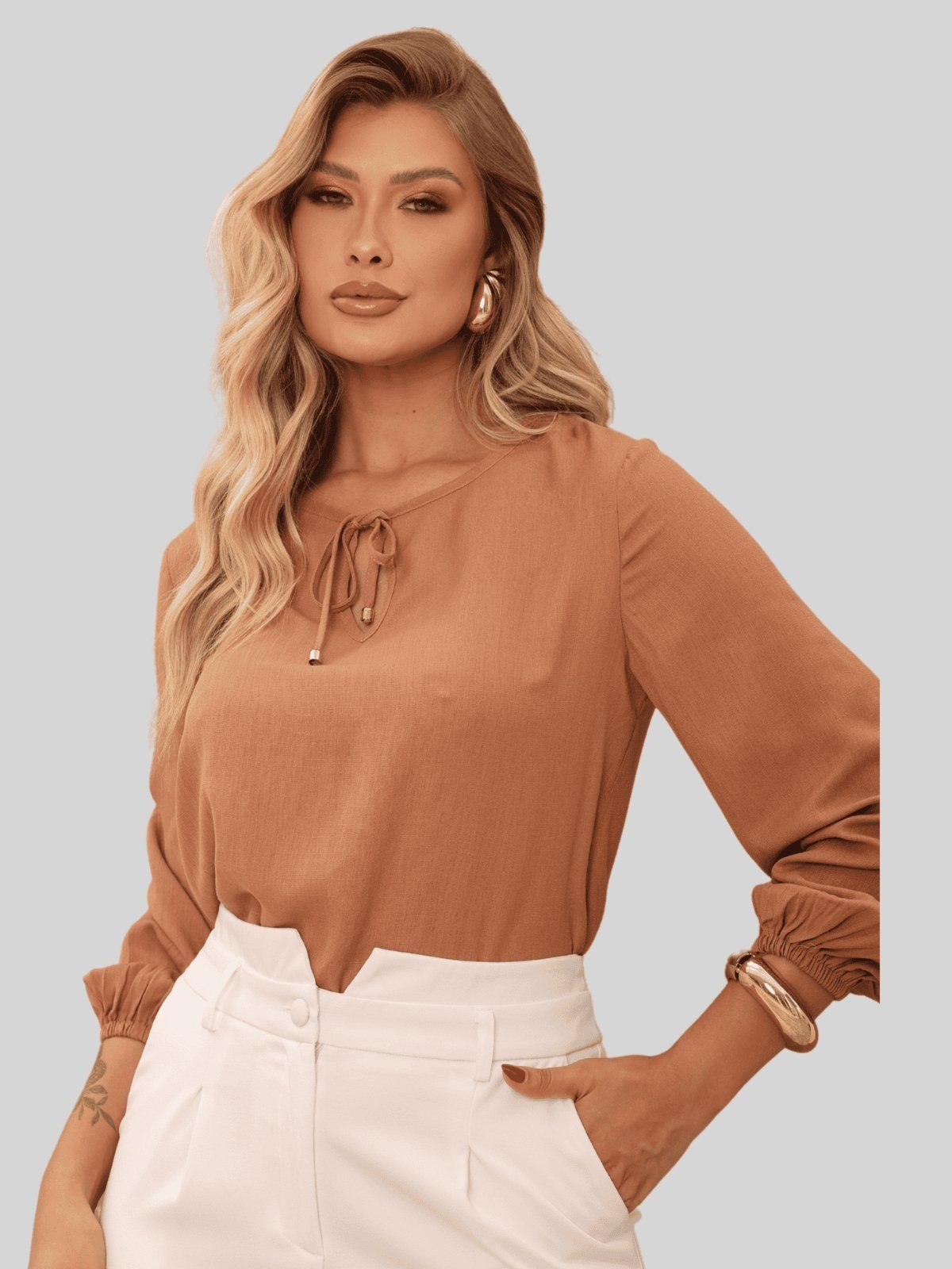 Blusa Miss e Misses Elis Manga Longa C/Ponteira Caramelo