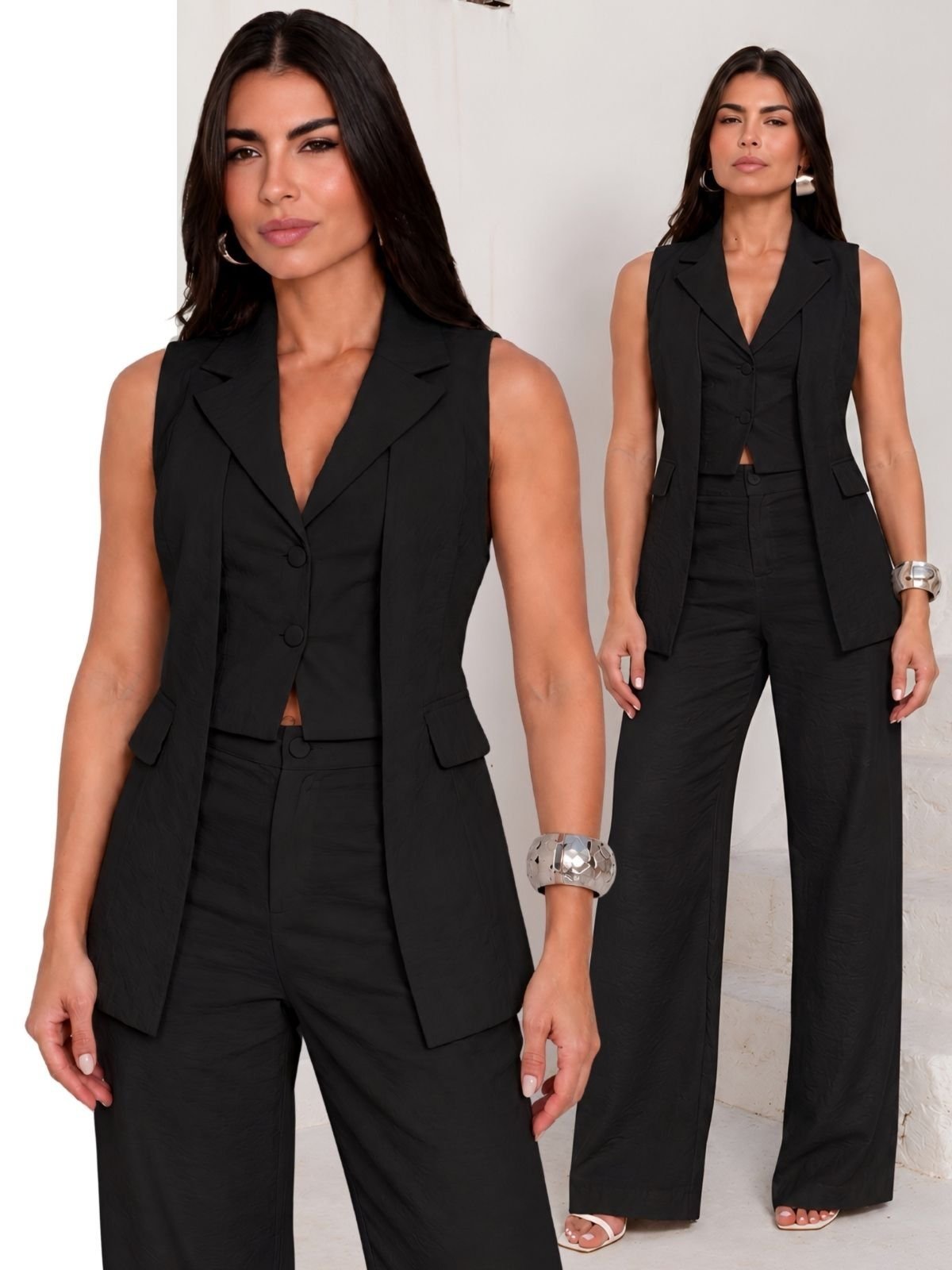Conjunto Feminino Alfaiataria Colete Duplo Calça Elegante Clássico - Preto