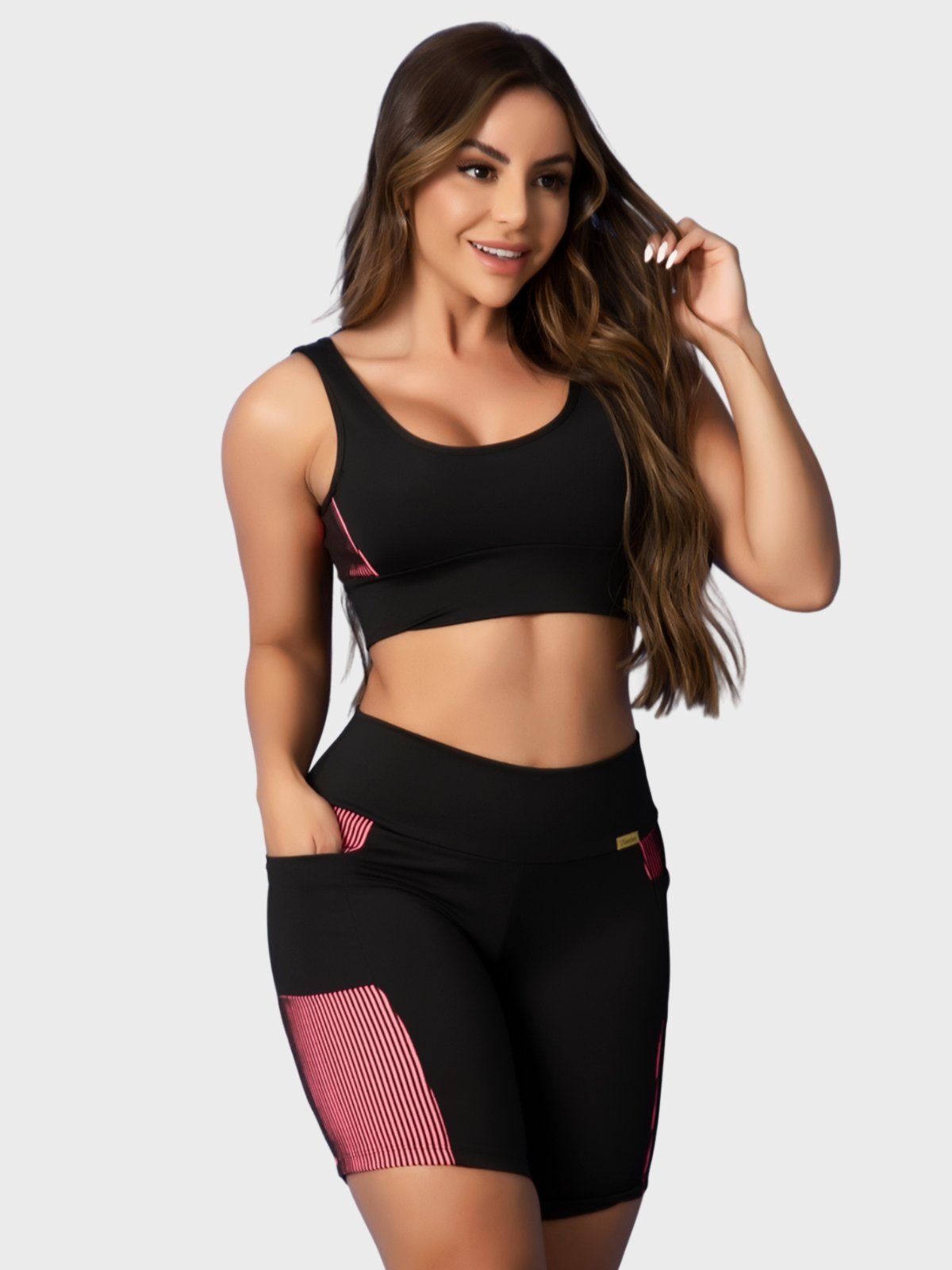 Conjunto Fitness Tarelles Top Short Bolso 3D Preto e Rosa
