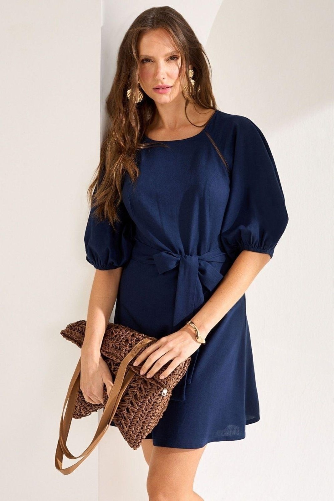 Vestido Com Mangas Amplas E Amarração Ritmi Studio Azul