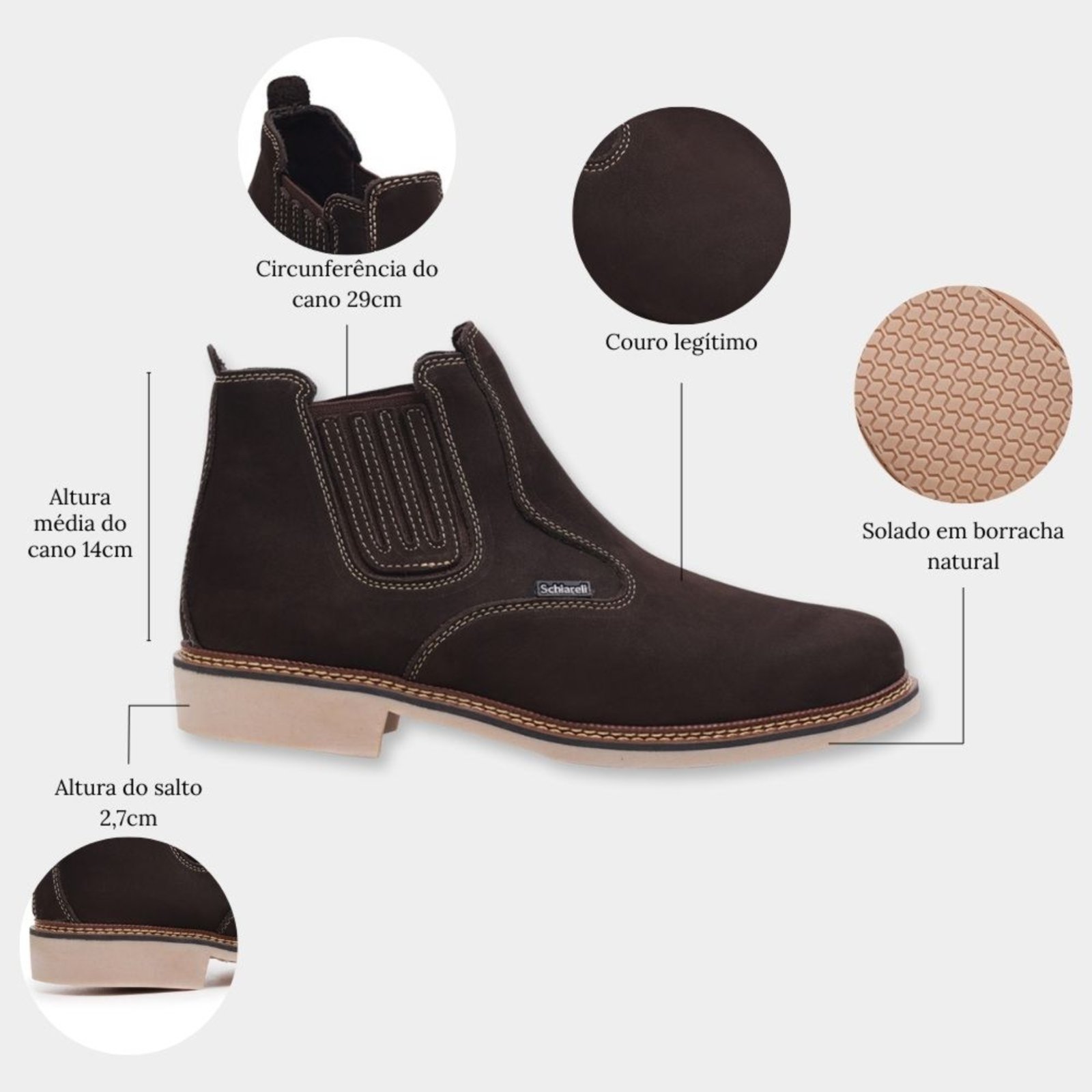 Vista 3 Bota Botina Masculina de Couro Sola de Borracha Country Roça Sítio Macia Moderna 525 Schiareli marrom Schiareli marrom
