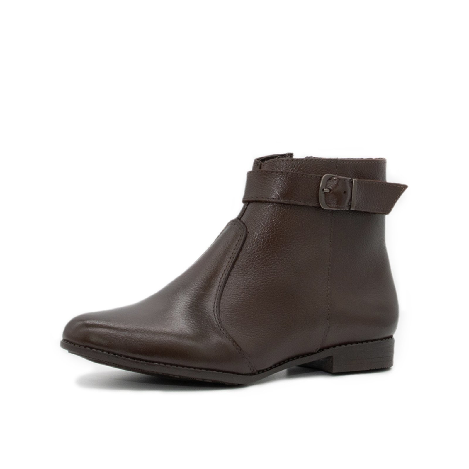 Bota Cano Curto Feminina em Couro Café Fivela Kuento Shoes