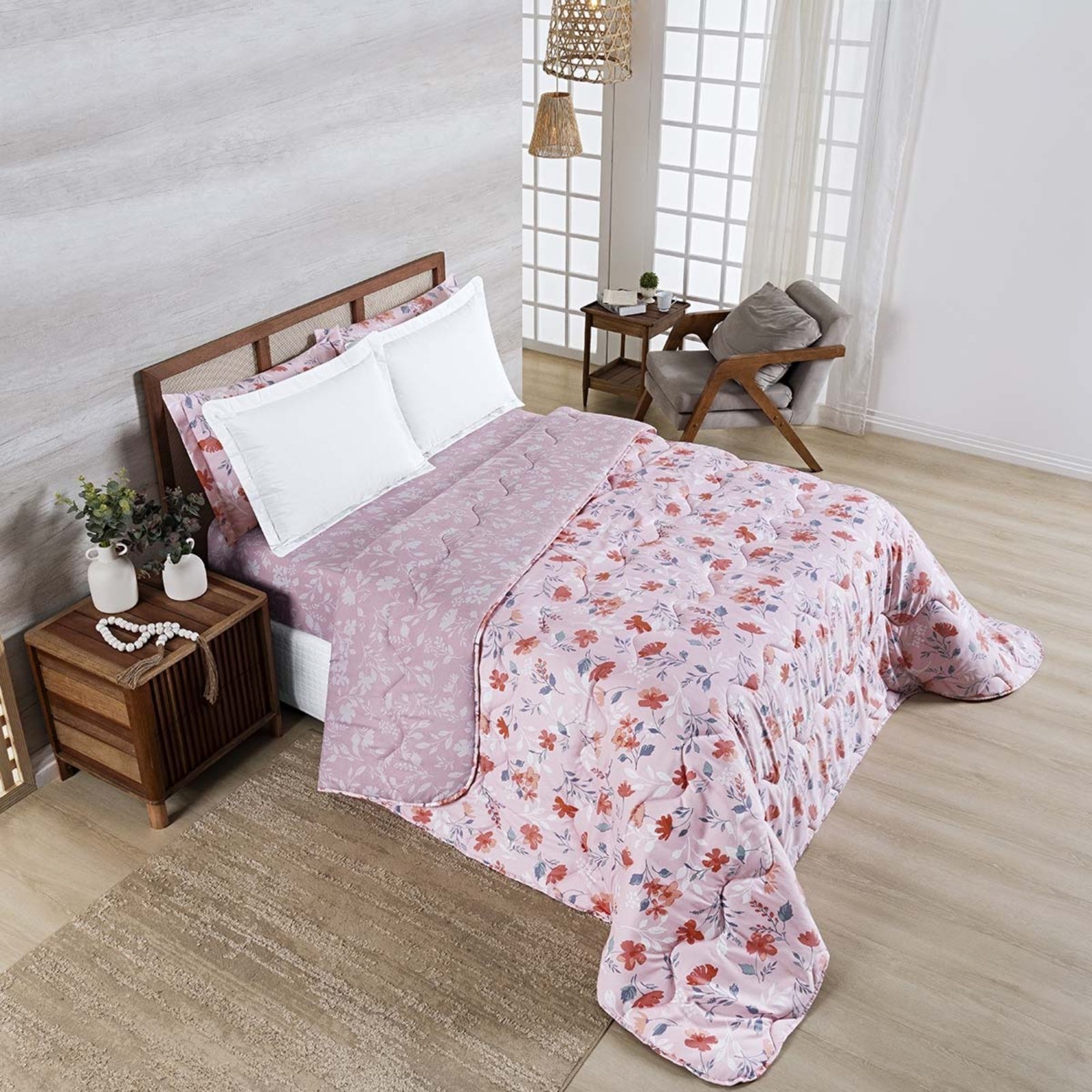 Edredom Cobertor Belle Queen 400 Fios Dupla Face Estampado Floral Rosê
