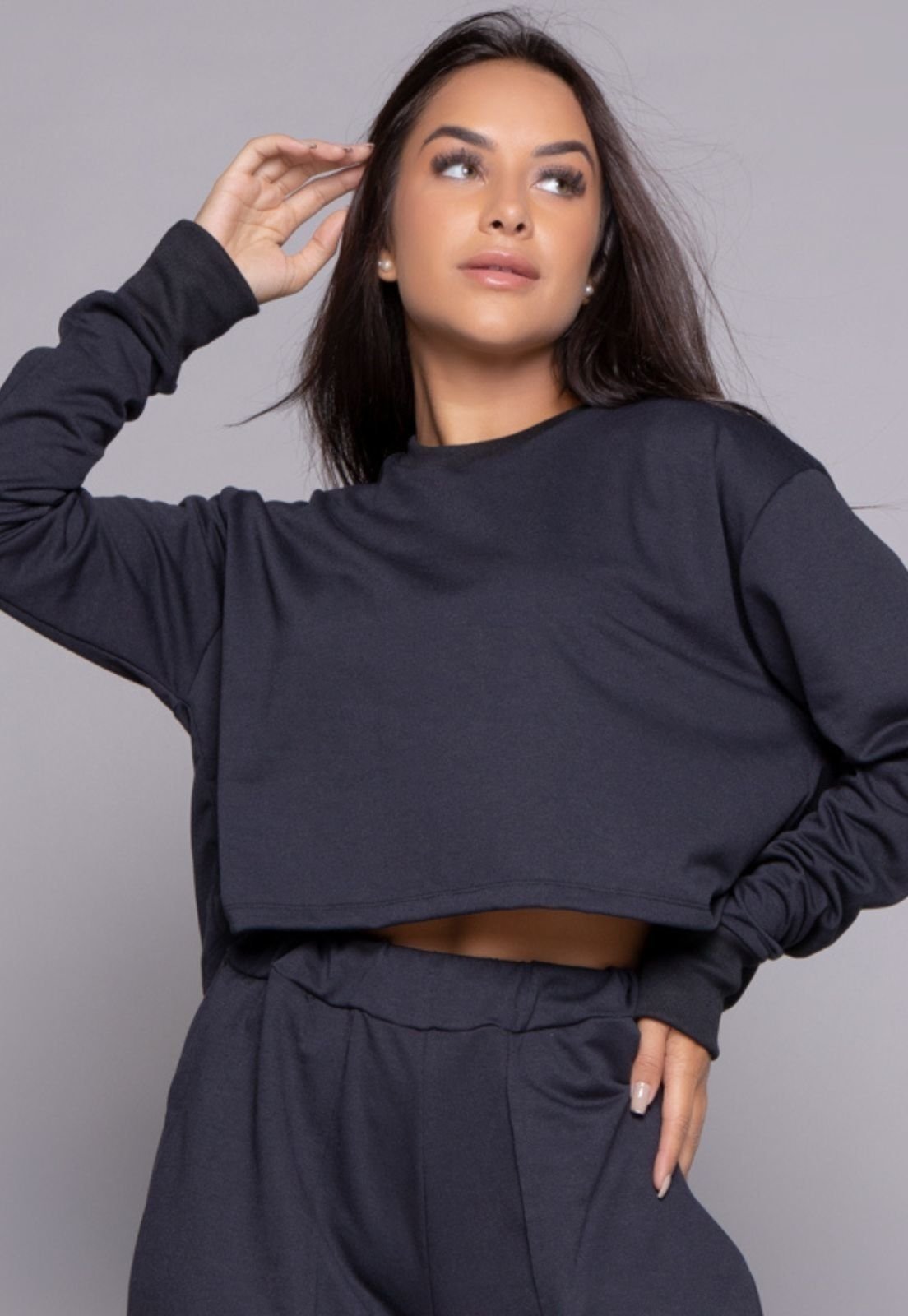 Cropped Blusa Moletinho Vekyo Moda Gringa Manga Longa Preto