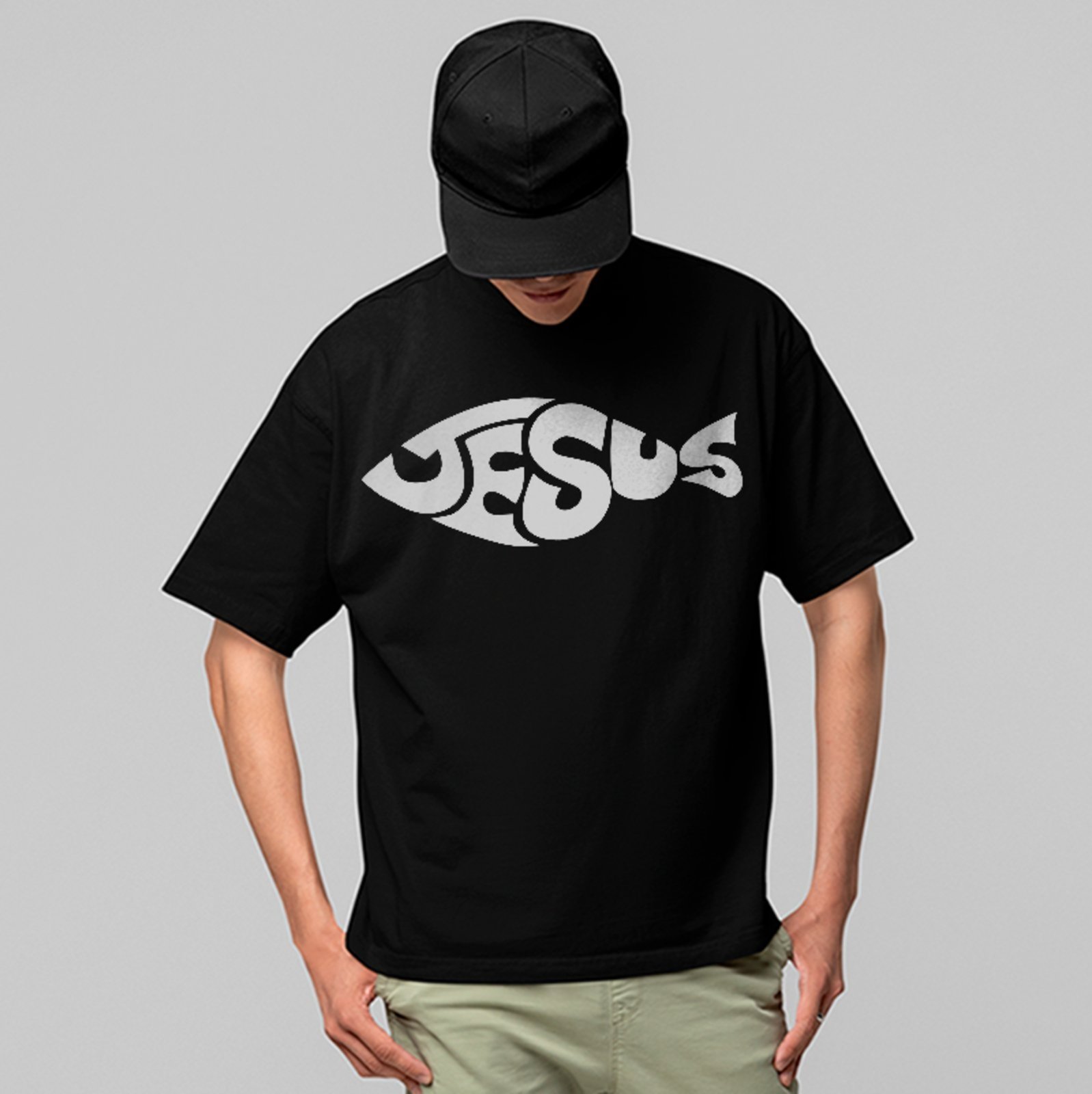 Camiseta Oversized Gospel Jesus Fish Símbolo Cristão Style Preto