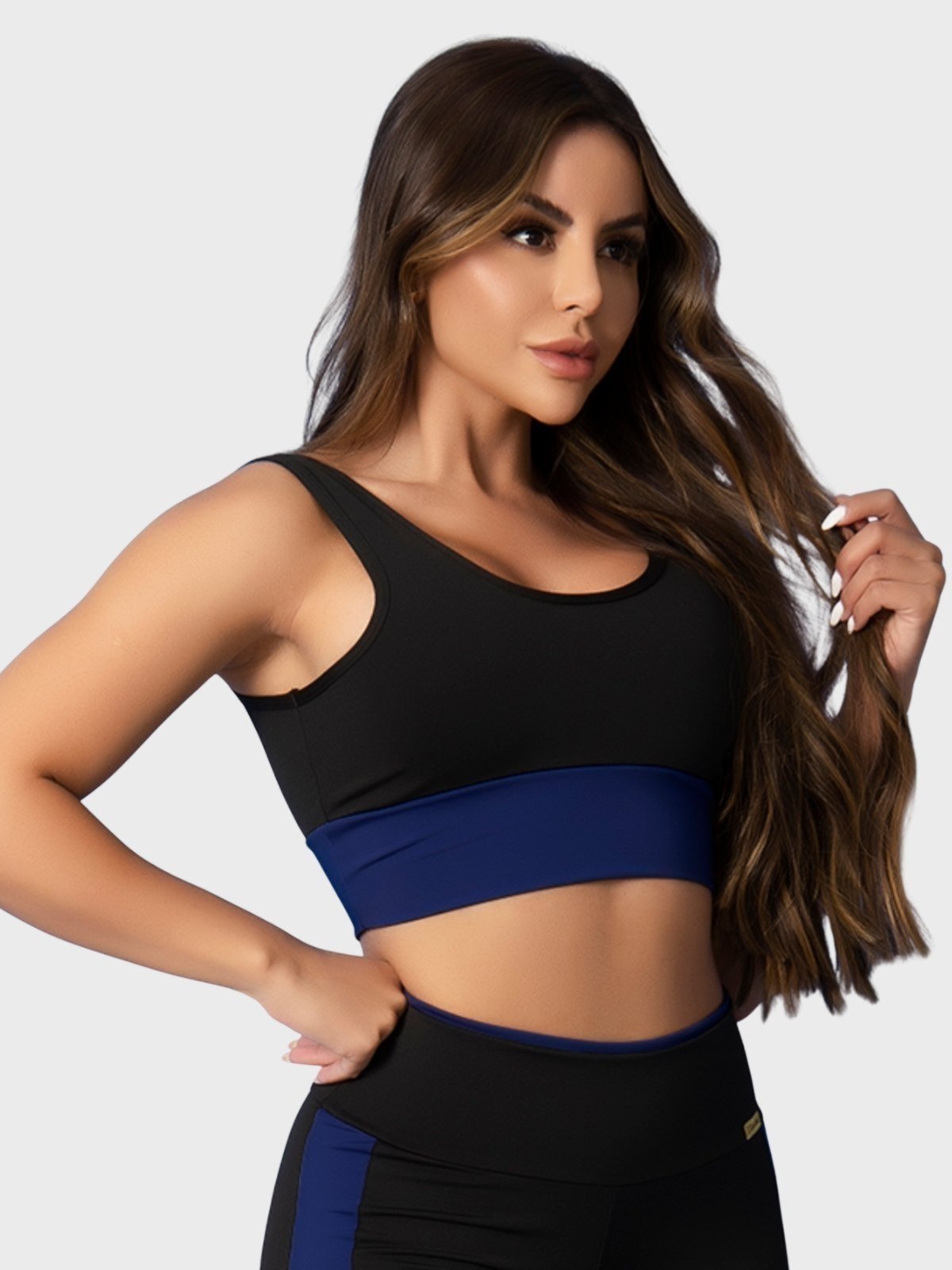 Top Fitness Tarelles Alça Larga Forrado Preto e Azul Marinho